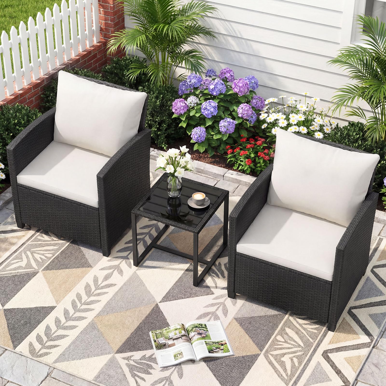 COSTWAY Conjunto Mesa y Sillas Jardin de 3 Piezas, Conjunto de Conversación de Ratán PE con 2 Sillas,Mesa Auxiliar de Vidrio Templado y Cojines con Funda Desmontable para Terraza Patio (Negro+Beige)