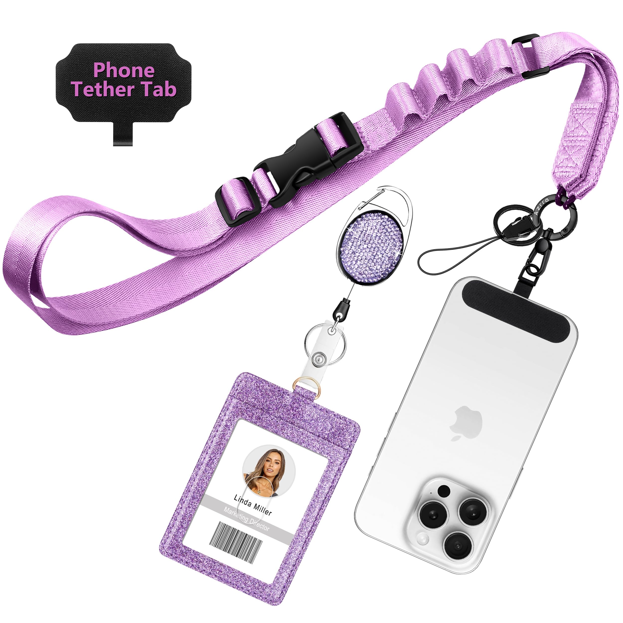 Azrra Adjustable Crossbody Cell Phone Lanyard for iPhone with Phone Tethers & Retractable ID Badge Card Holder (Purple)