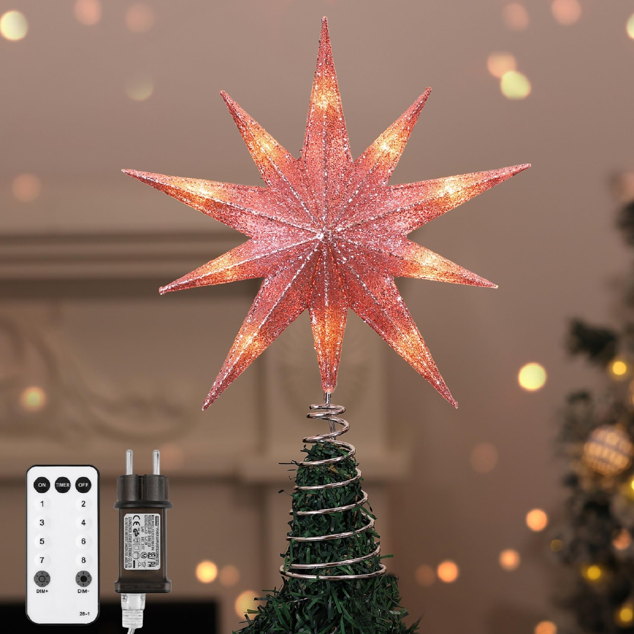 Lewondr Étoile de Cime d'arbre Noël, 13 Pouces Étoile de Noël à 10 Pointes Lumineuse avec Prise et Télécommande pour Décoration, Minuterie 6H & 8 Modes d'Éclairage, Lumière Chaude, Rose