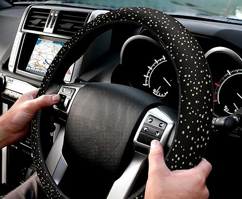 Miniatura 3 de Funda para volante de automóvil, diseño de estrellas pequeñas y doradas, color negro, elástica, esponja, protectora, para vehículos, camiones, SUV,