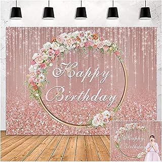 Pink and Rose Flowers Gold Glitter Happy Birthday Theme Photo Backdrops 7X5ft Vinyl Women Sweet Princess Girls Baby Birthday Party Decor Cake Table Supplies Photography Background Photo Booth Props