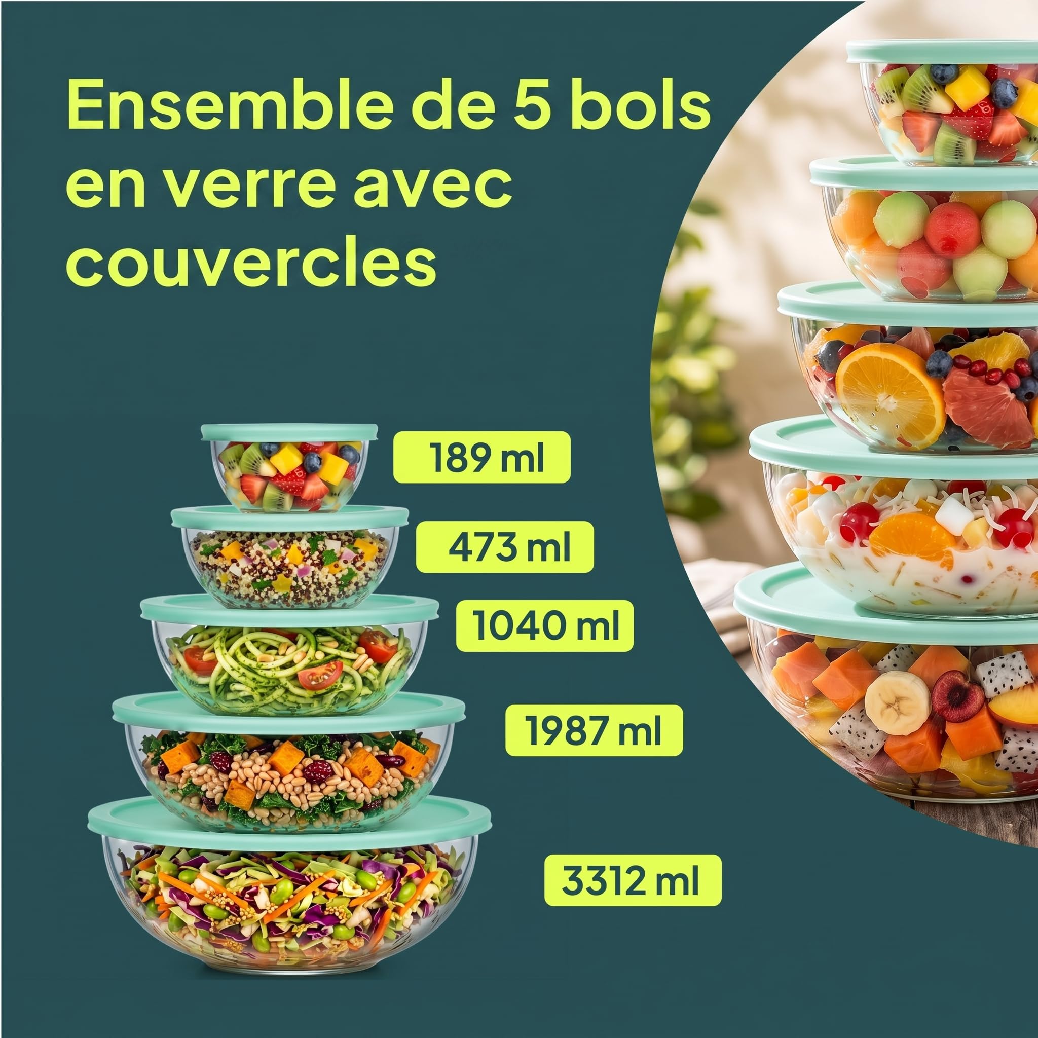 uandu Lot de 5 Saladiers en Verre avec Couvercle – Bol en Verre Borosilicaté Sans BPA, Empilables, Compatibles Four, Micro-ondes et Lave-vaisselle, 189-3312ml, Grand Saladier pour Cuisine