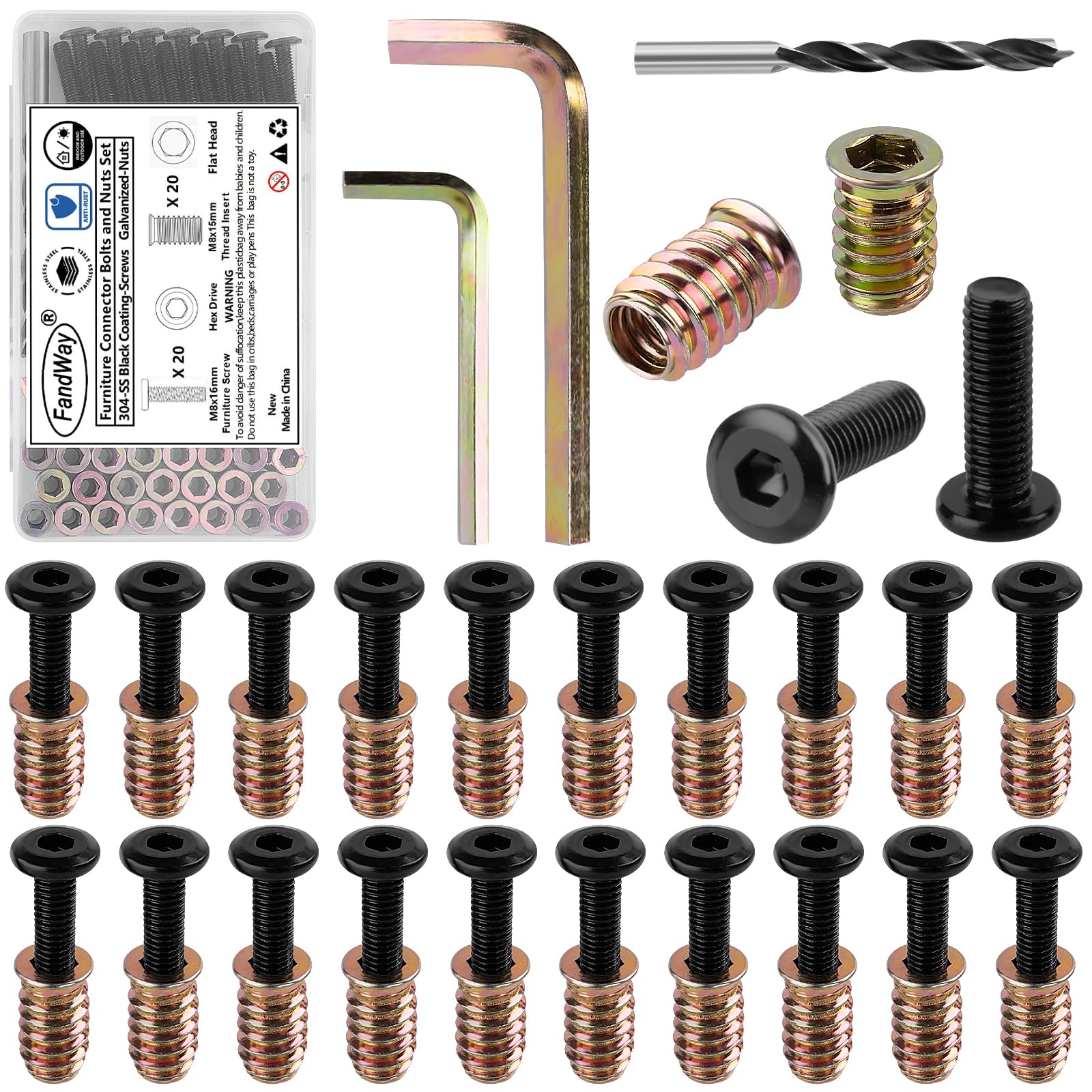 FandWay 20 Sets M8x16mm Furniture Screw Nut,M8x15mm Threaded Inserts for Wood,Connector Bolts and Nuts Set,Flat Head Allen Screw-in Nuts,Hex Socket Drive with Wrenches
