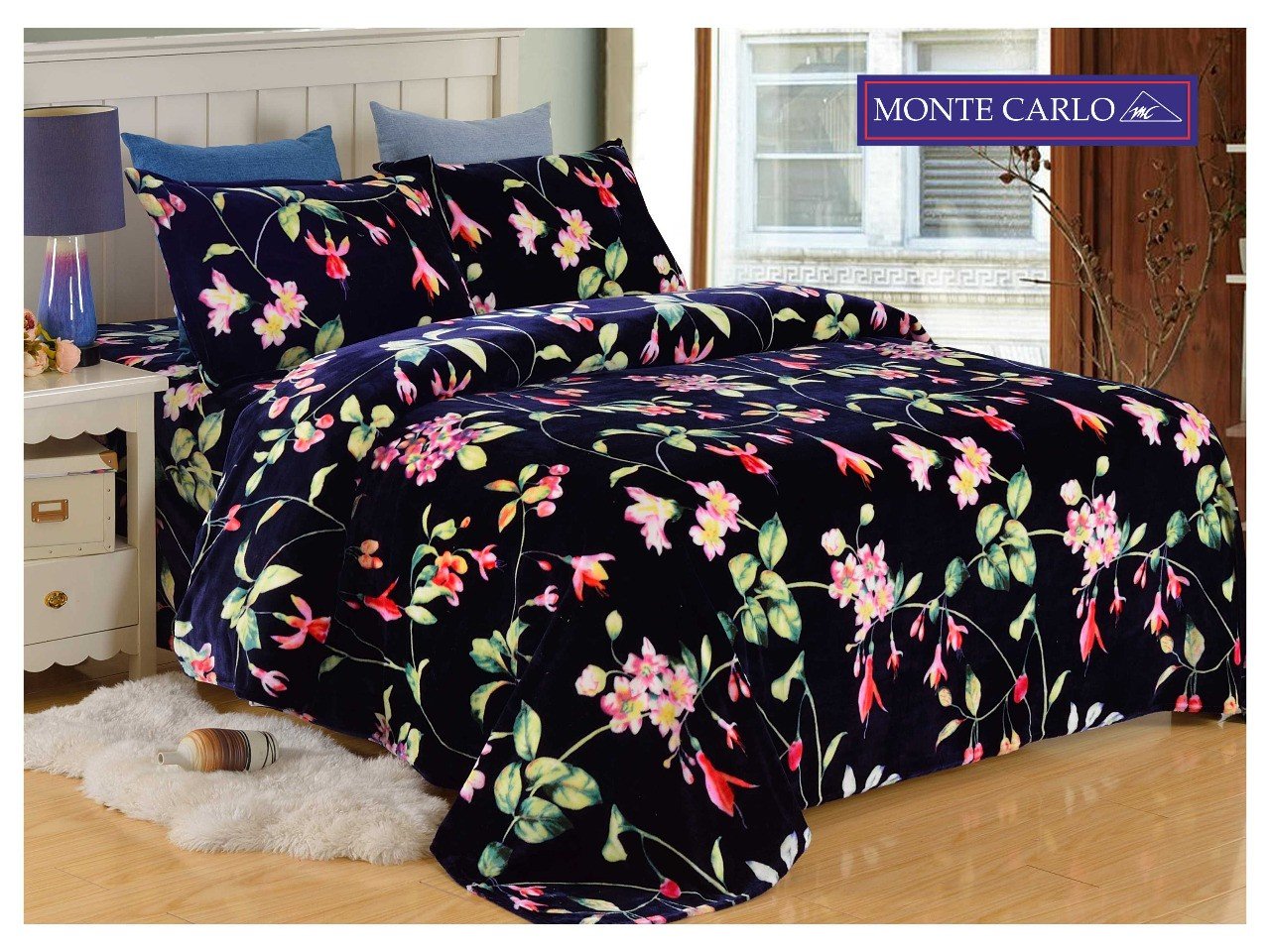 Monte Carlo Ruby Winter Flannel Bed Sheet (Navy Blue, 2.2x2.4 m