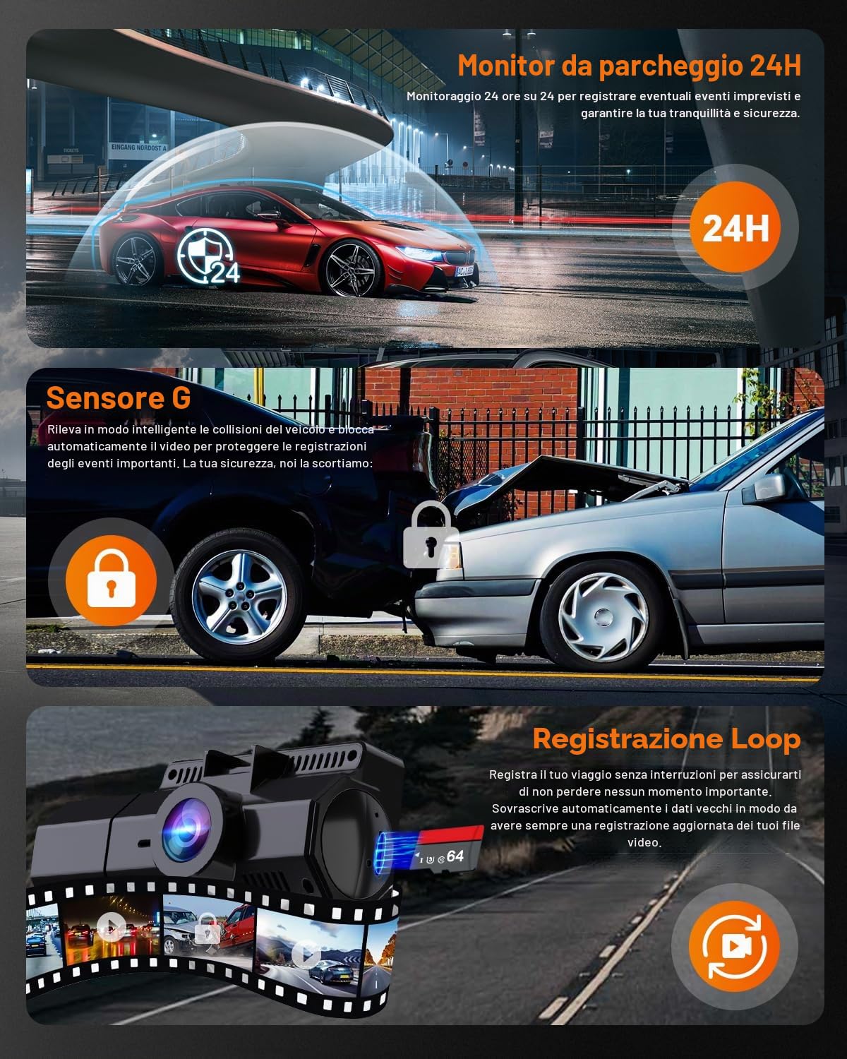 Abask Dash Cam 4K WiFi GPS 3 Canali Telecamera per Auto 4K+1080P+1080P, Visione Notturna IR, 24H Monitor di Parcheggio, Sistema di Reverse, G-Sensor, Registrazione in Loop, Grandangolare, WDR,Max 256G