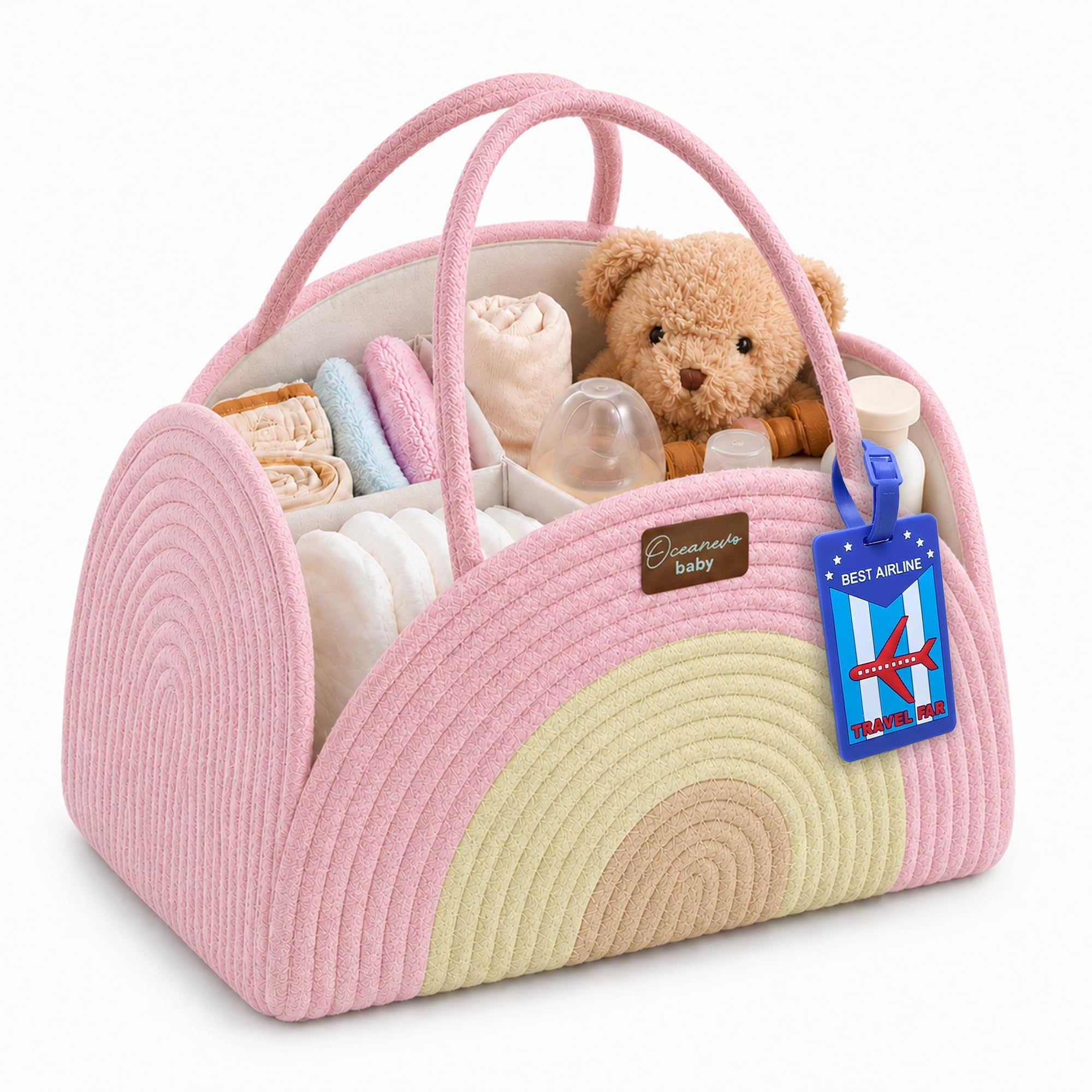 OCEANEVO Diaper Caddy Organizer Bag WITH Luggage Tag | New Born Baby Essentials Storage Cotton Rope Basket with Compartments | For Mothers for Travel - 34 x 28 x 22 Cm - Pink - 1 Year Warranty-image-31