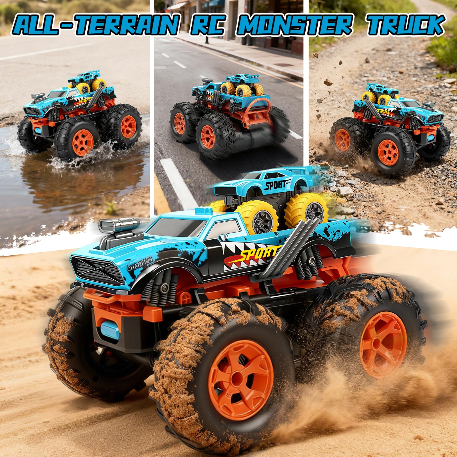 IEEILULU 2 w 1 Monster Truck Pilot zdalnego sterowania, 1:16 2WD Transform Car Pilot z funkcją uruchamiania, pionowy bieg, obrót o 360° dla chłopców dziewcząt w wieku 4 5 6 10 lat