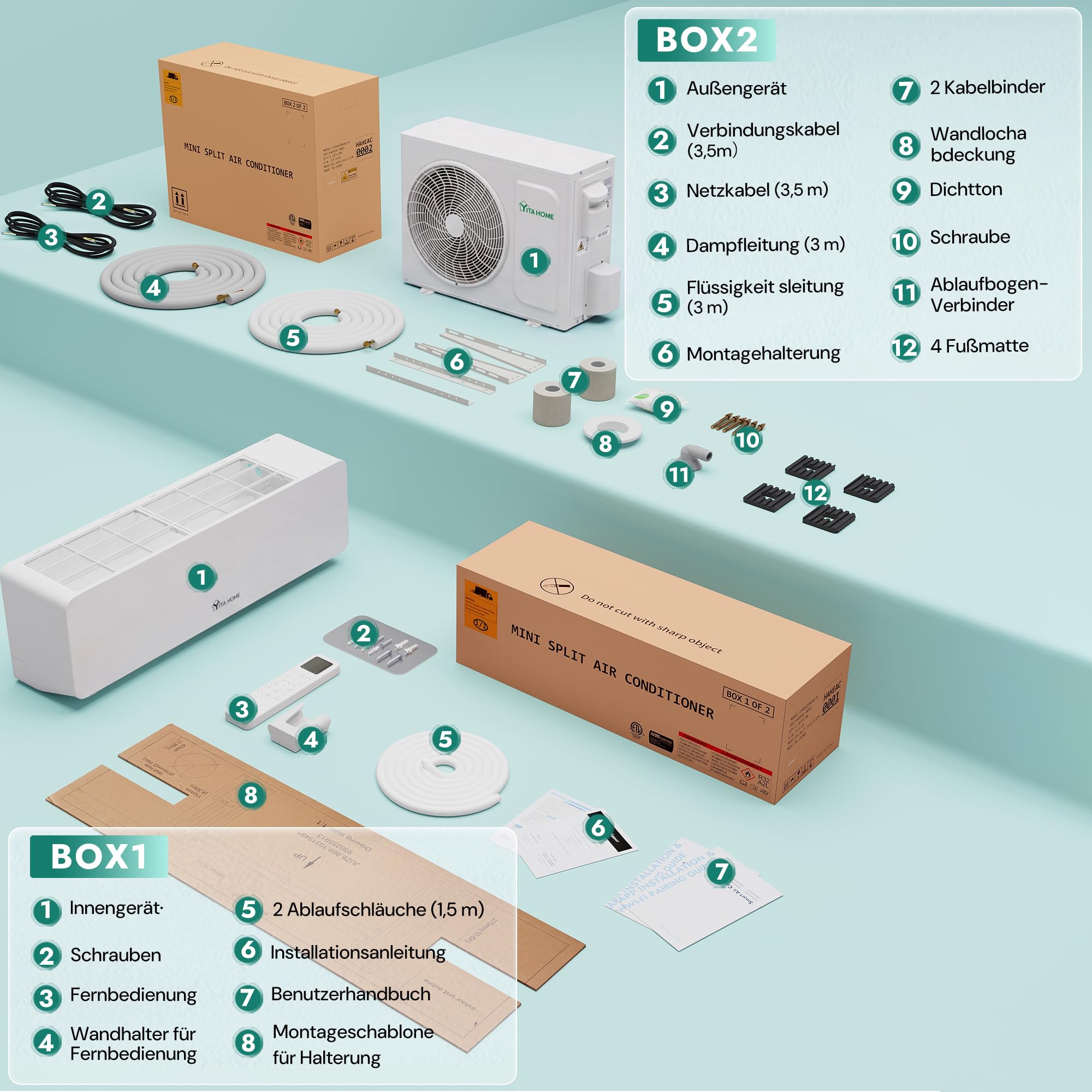 YITAHOME 18000 BTU Split Klimaanlage Set | Vorgefüllt Klimagerät, Kühlen A++/Heizen A+, WiFi/App Funktion, Montagematerial, für Räume bis 90 m², Weiß