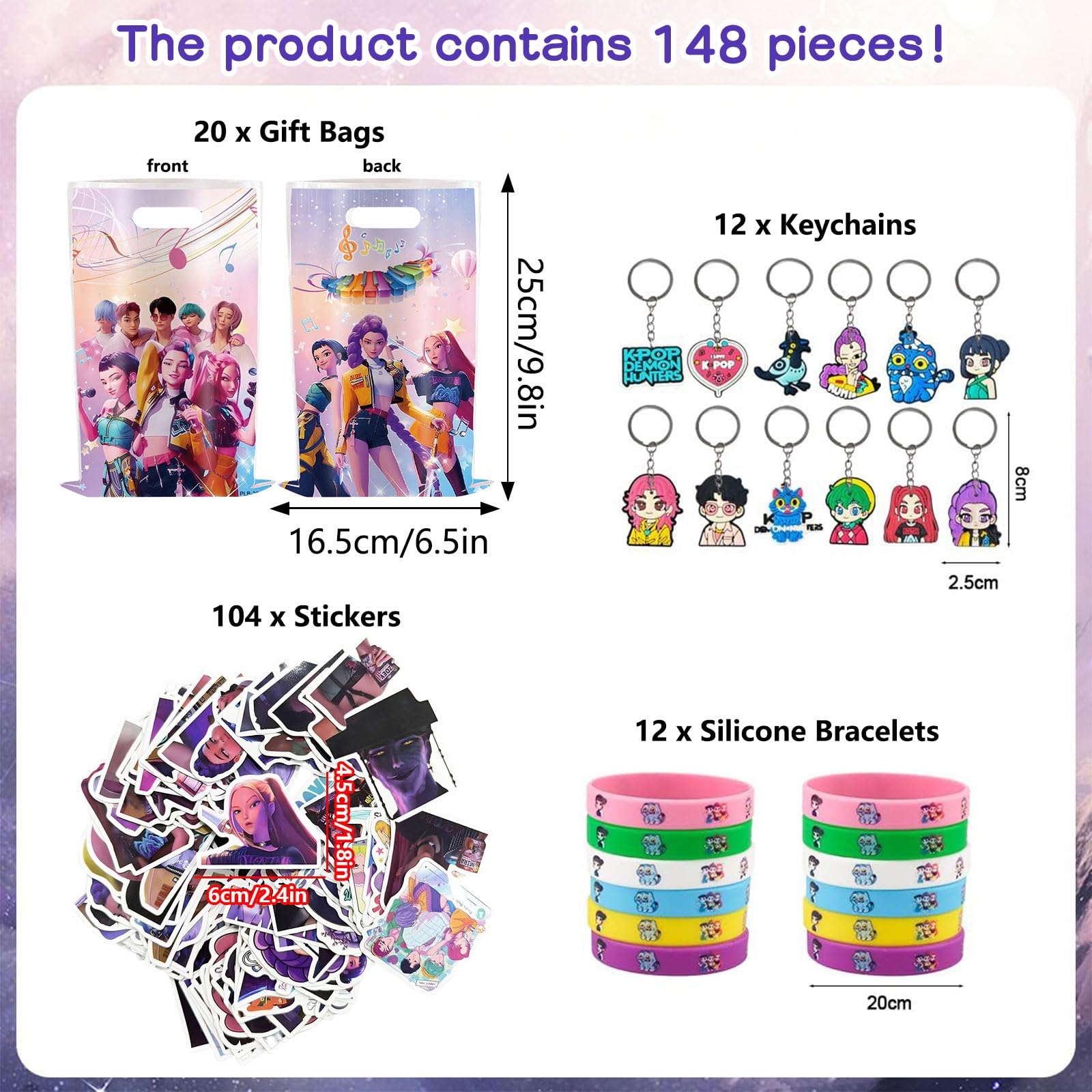 Huntrix, regalo di compleanno anime, 148 pezzi, regalo di compleanno per bambini, regalo di compleanno con braccialetto, adesivi, portachiavi Huntrix, sacchetto regalo per feste