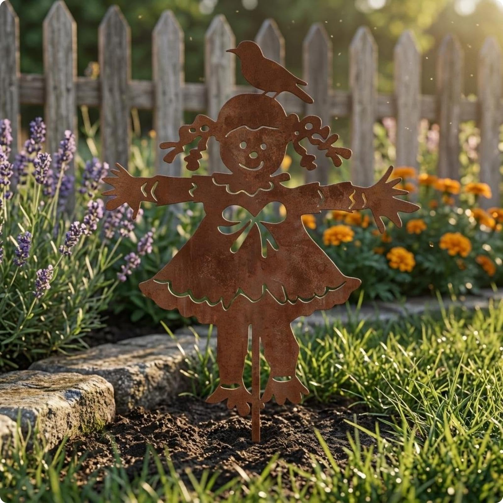 Metal Scarecrow Stake Rust Finish Scarecrow Stake Flat Cutout Rusted Garden Silhouette for Lawn, Villa Little Girl-image-23