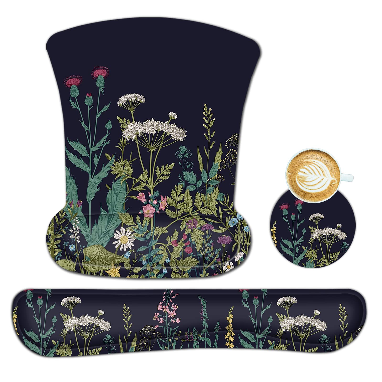 AIMSA Ergonomic Keyboard Wrist Rest and Mouse Pad with Wrist Support Set, Memory Foam Non-Slip Rubber Base, for Home, Office, Easy Typing, Pain Relief, Flowers Plants