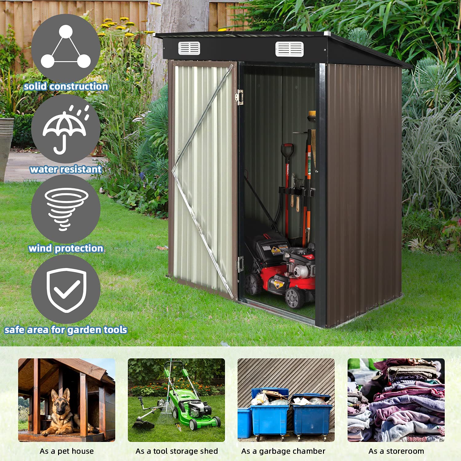 GRAVFORCE 5' x 3' Outdoor Metal Storage Shed, Outdoor Shed, Galvanized