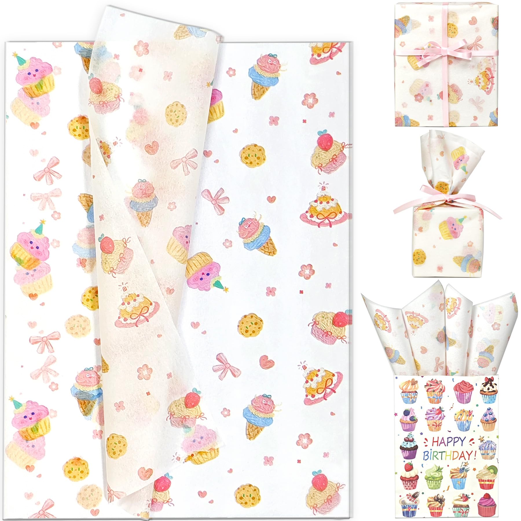 LIAPAWPAW Pastel Dessert Tissue Paper Bulk, Cute Ice Cream Cupcake Wrapping Tissue Paper for Gift Bags & Boxes, Multicolor Gift Wrap Packaging for Birthday Gifting Holiday Art Decor | 30 Sheets 20x14