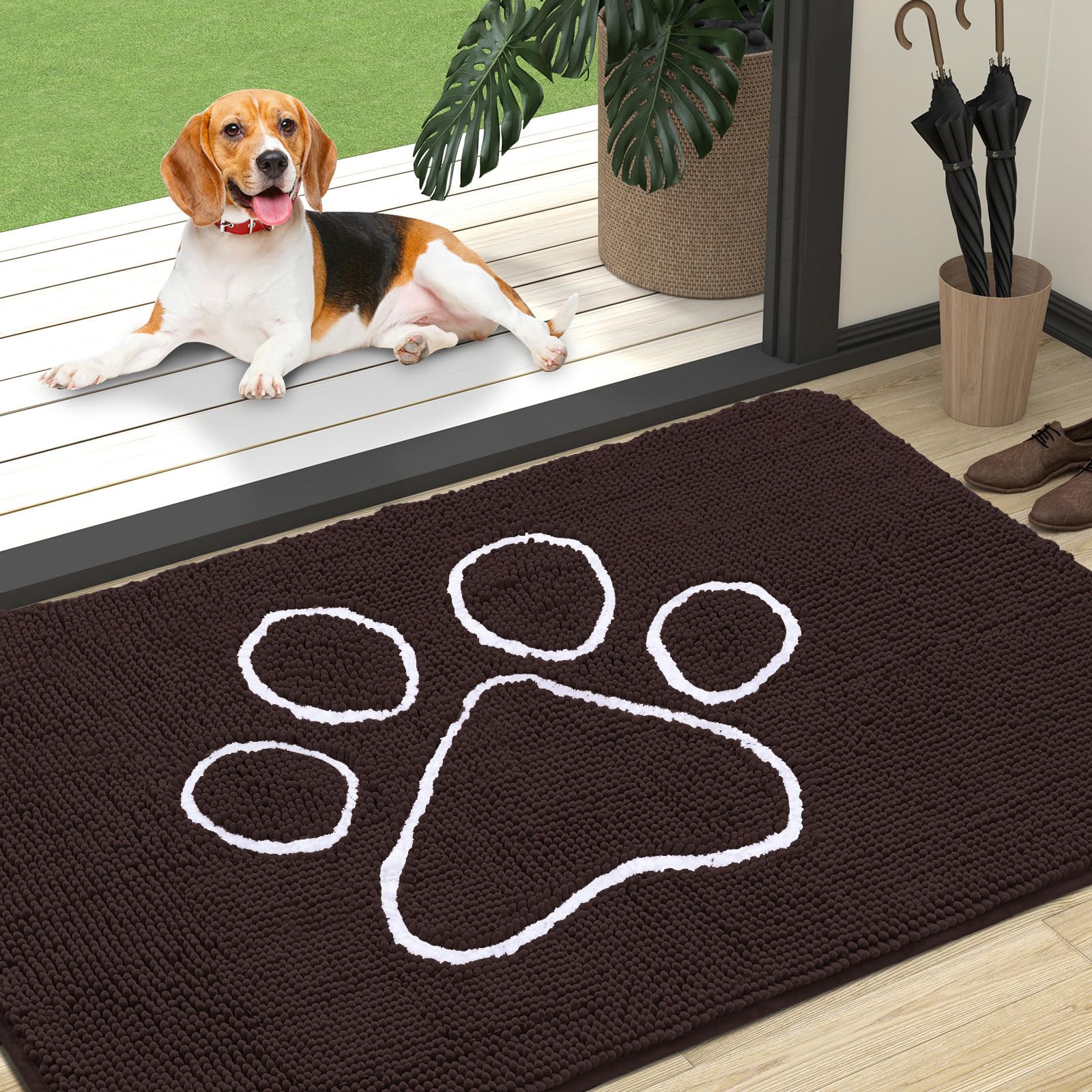 OLANLY Dog Door Mat for Muddy Paws 47x32, Paw Print Design, Absorbs Moisture and Dirt, Absorbent Non-Slip Washable Doormat, Quick Dry Chenille Mud Mat