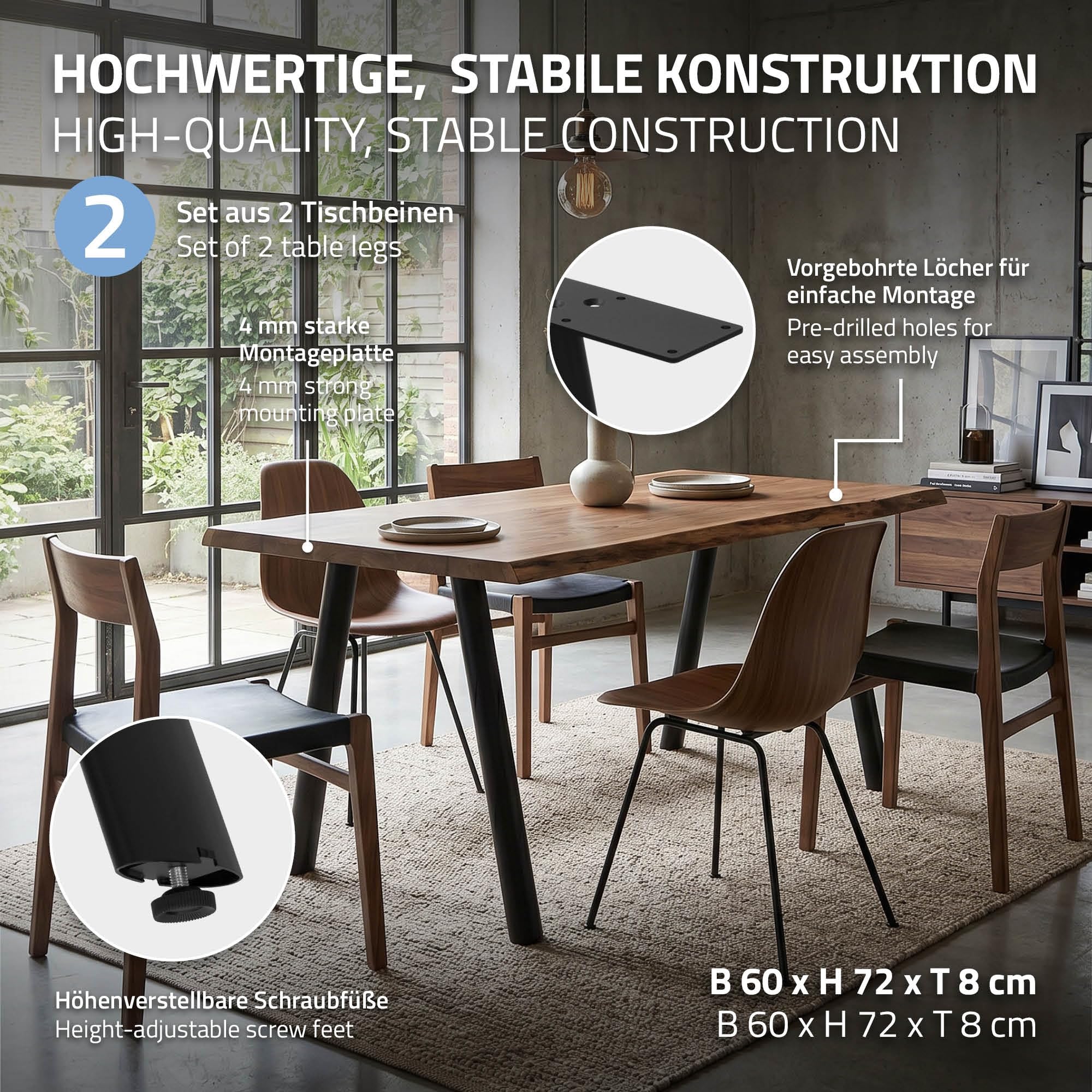 ML-Design 2X Patas para Mesa Metálicas, Soportes de Mueble para Comedor y Escritorio, Forma de A en Acero, 60x72cm, para Exterior Resistentes a la Intemperie, Perfil Ovalado, Altura Ajustable, Negro