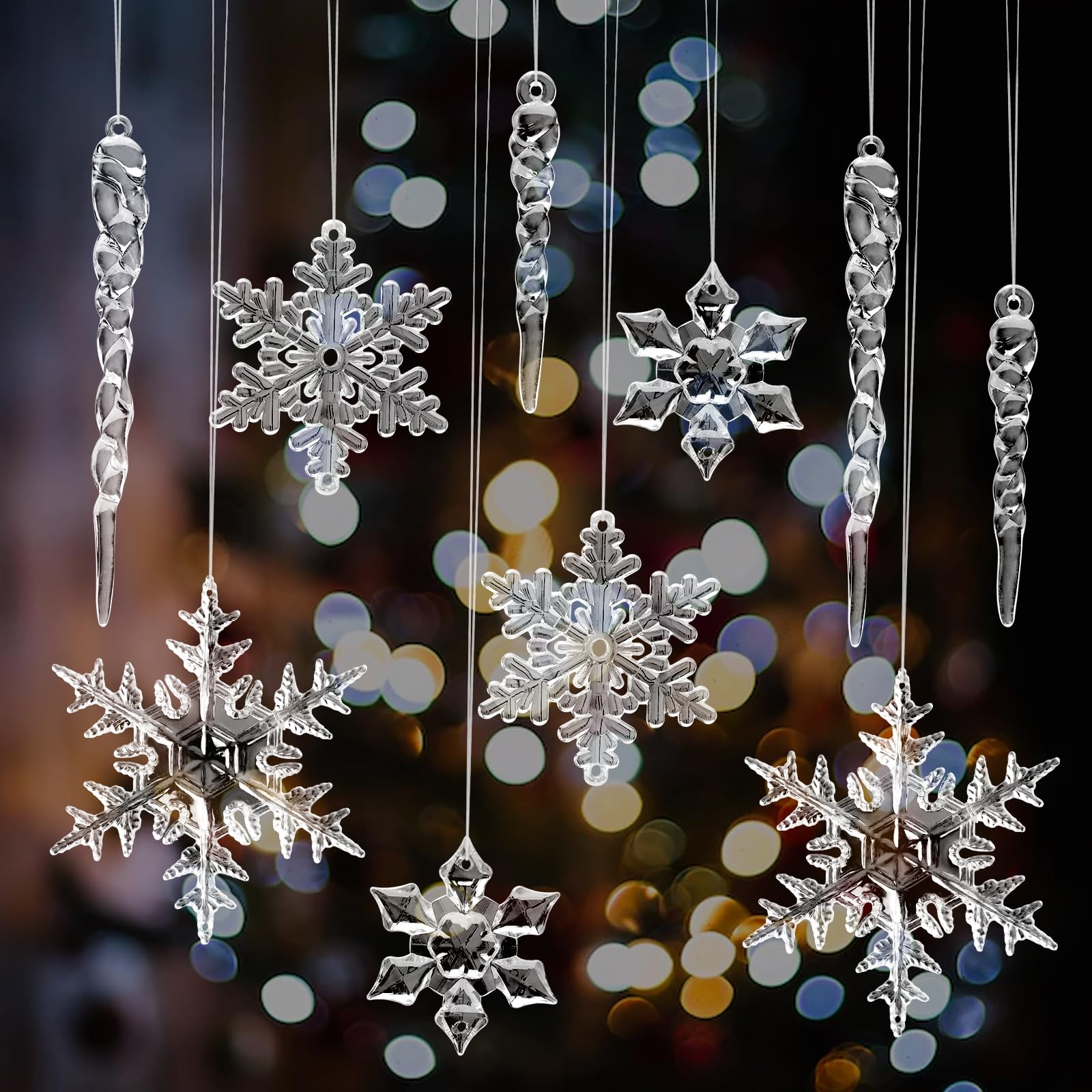 Feelhap 47 Piezas Adornos de Copos de Nieve y Carámbano de Cristal Acrílico Adornos para árbol de Navidad Decoracion Navidad Adornos para árbol de Navidad Colgante de Árbol de Navidad con Line