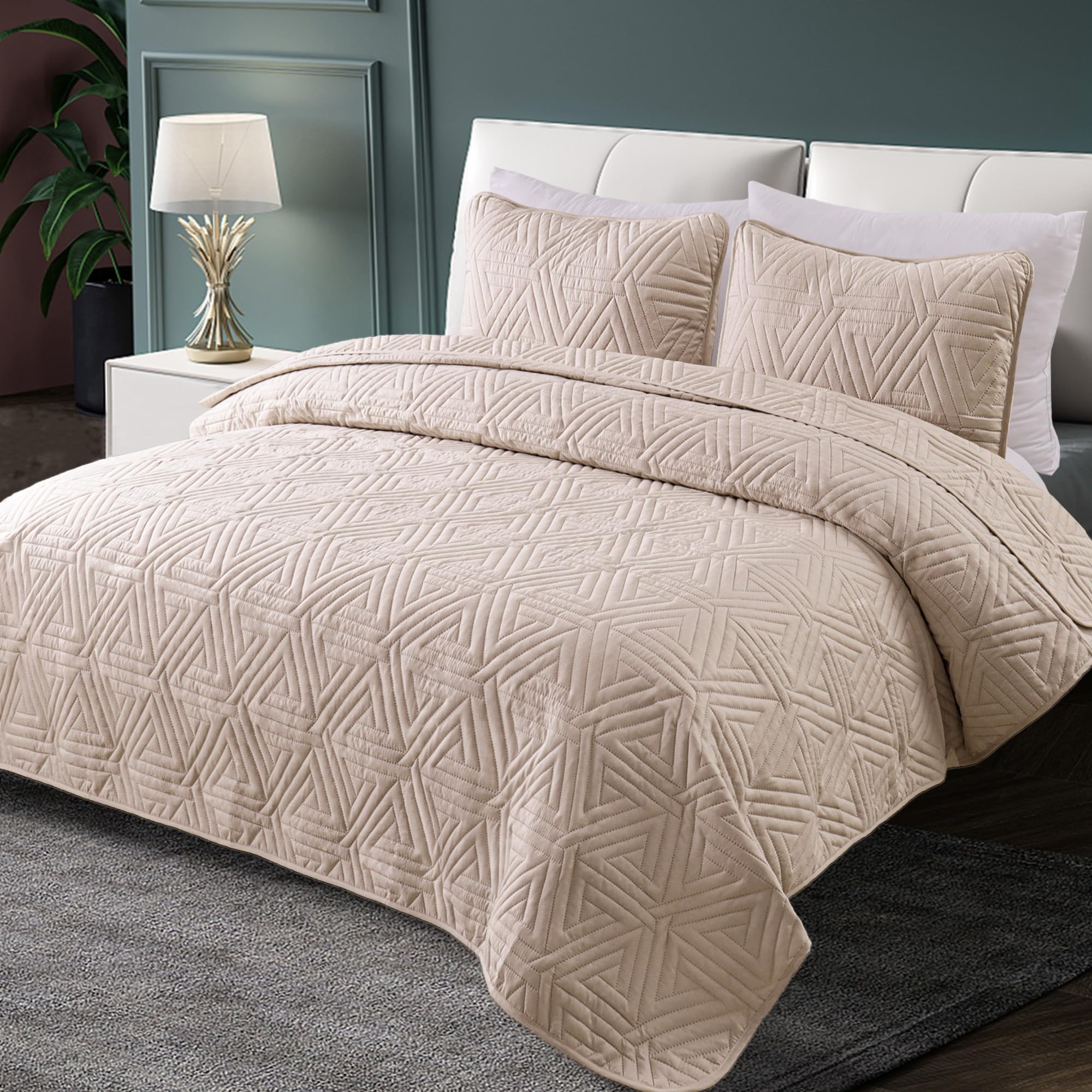 Whale Flotilla Colcha para Cama de 260 x 280 cm, con 2 Fundas de Almohada, Microfibra, Suave y Ligera, con Estampado Geométrico, Ropa de Cama para Todo el Año, Beige