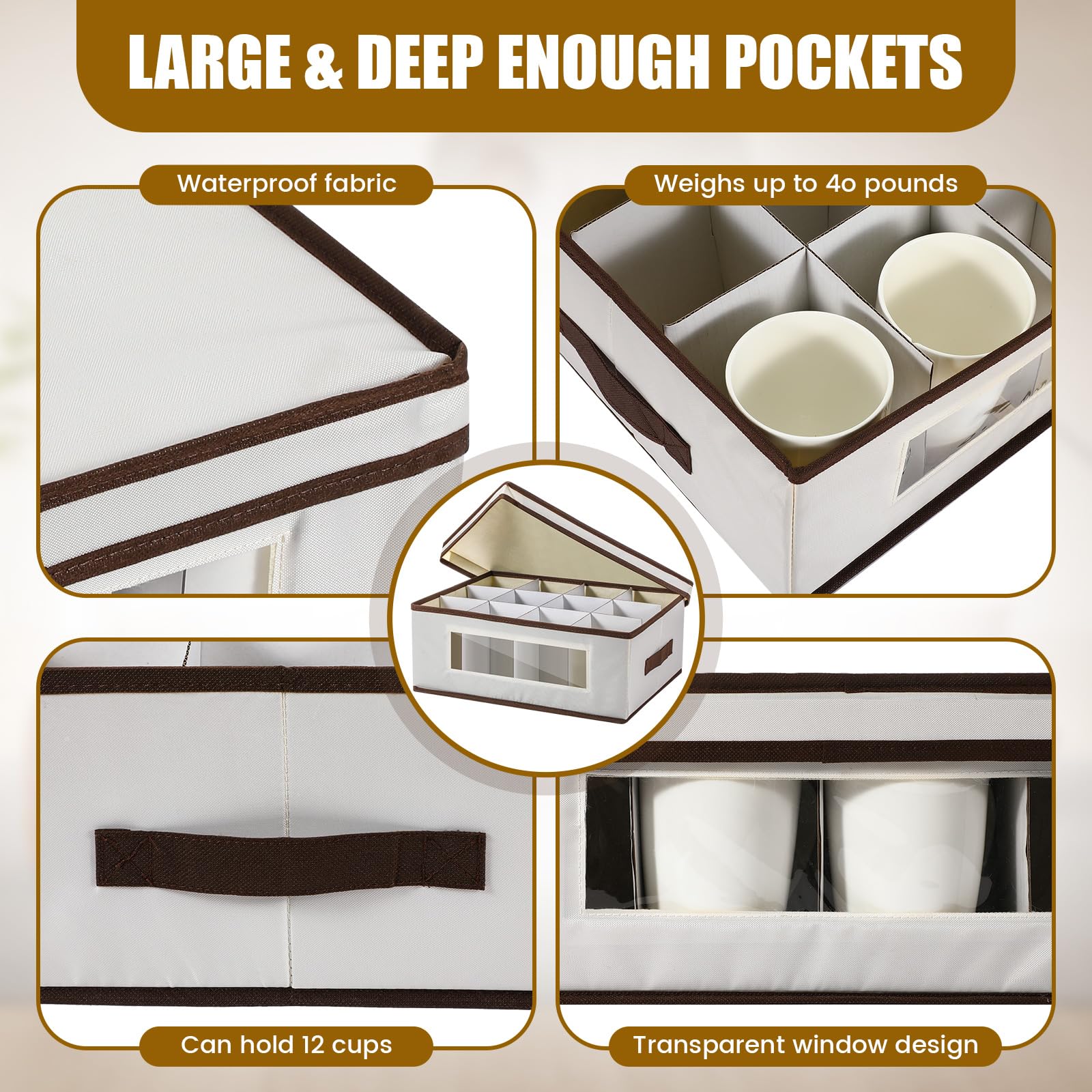 Uiifan 4 cajas de almacenamiento para tazas con divisores, 12 compartimentos, cajas de almacenamiento de vasos de porcelana con tapa, asas, ventana de PVC para mudanza, color beige
