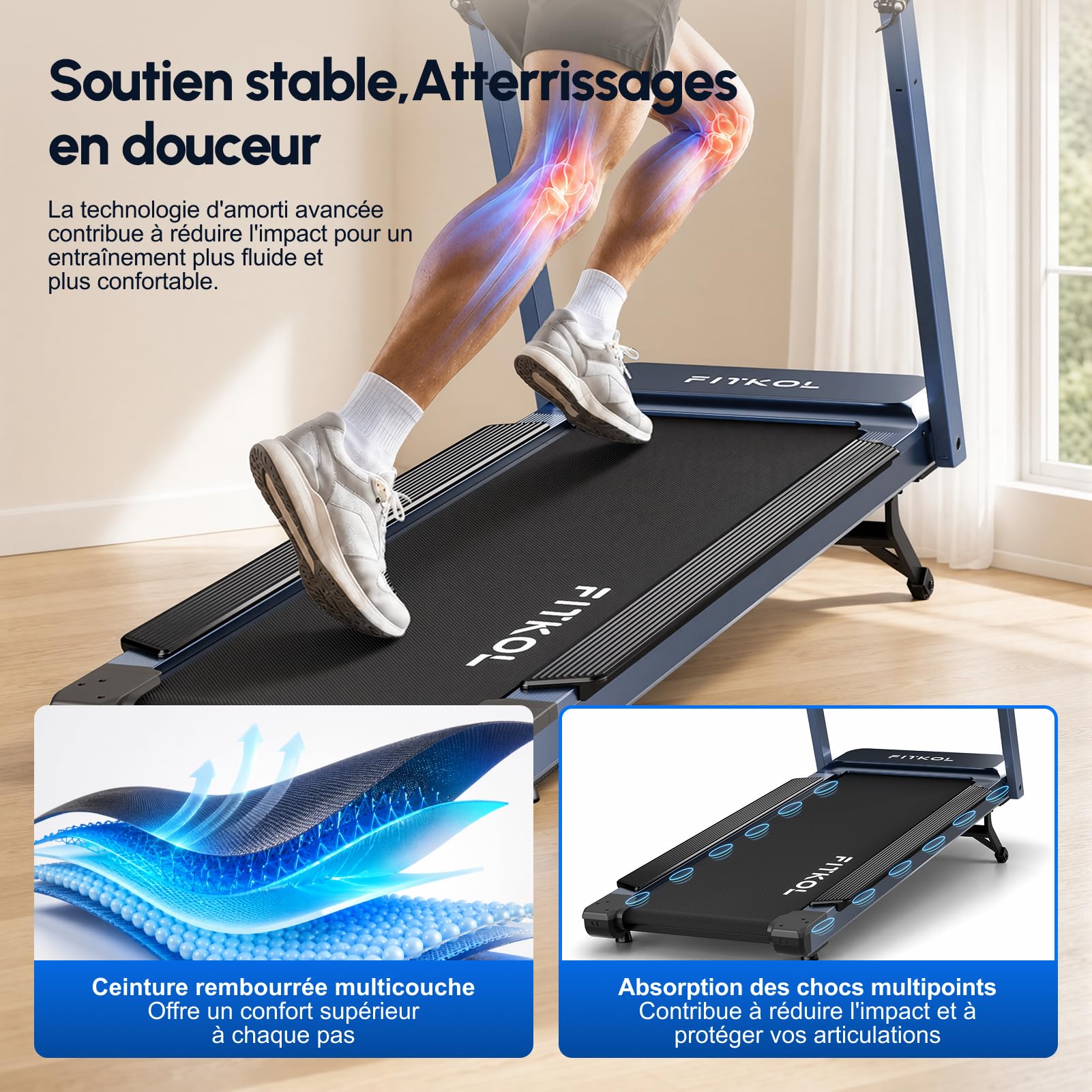 Tapis de Course Adaptatif IA - Vitesse et Inclinaison Automatiques, Coach IA en Temps Réel, Contrôle Cardiaque Intelligent, Moteur 5,0 HP, Charge Max 200 kg, pour Débutants