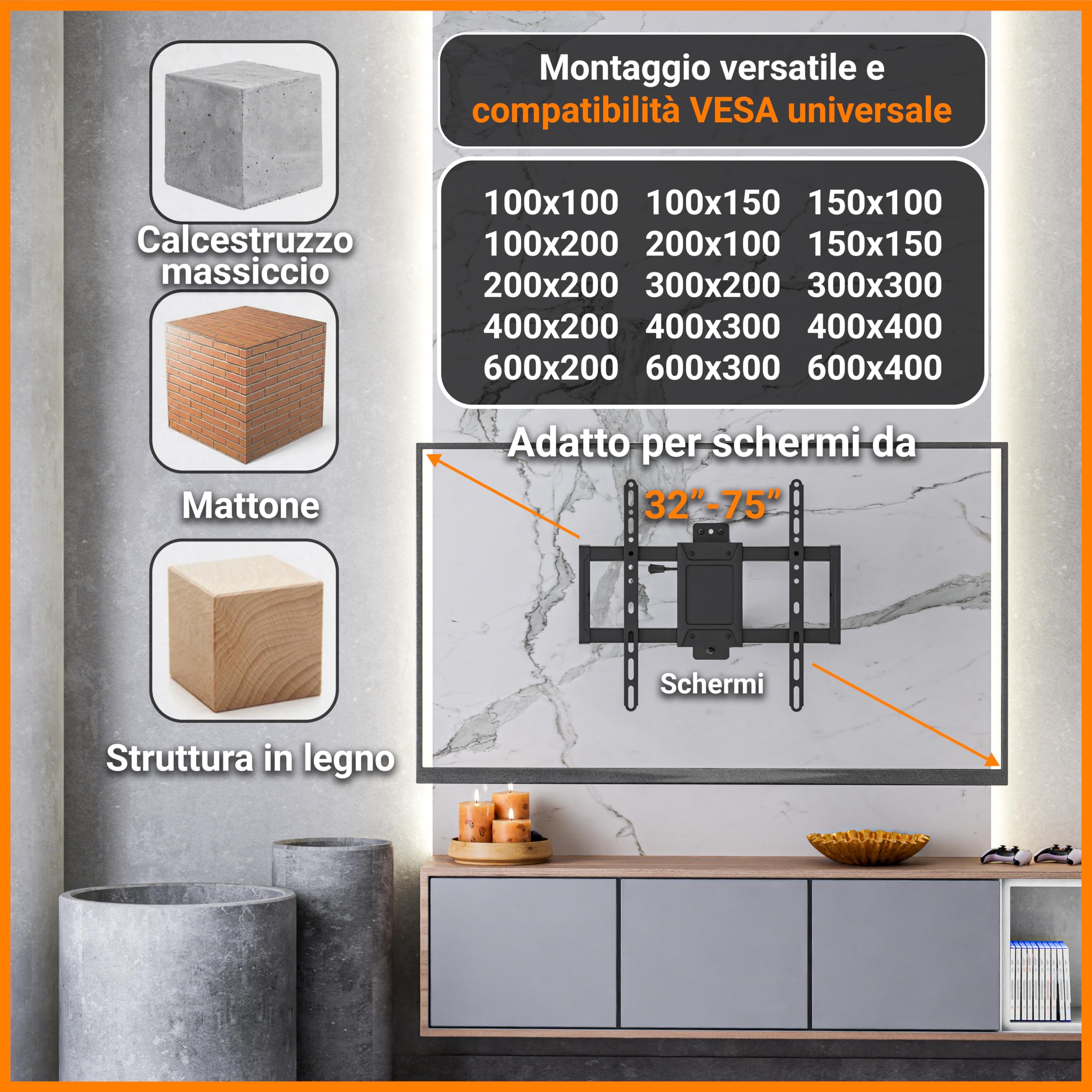 EasyLife ProMount HD75 Supporto a Parete Compatto per Televisori da 32 a 75 Pollici Fino a 50KG VESA 600x400mm - Design a Braccio Singolo, Orientabile e Inclinabile per LED, LCD con Gestione Dei Cavi