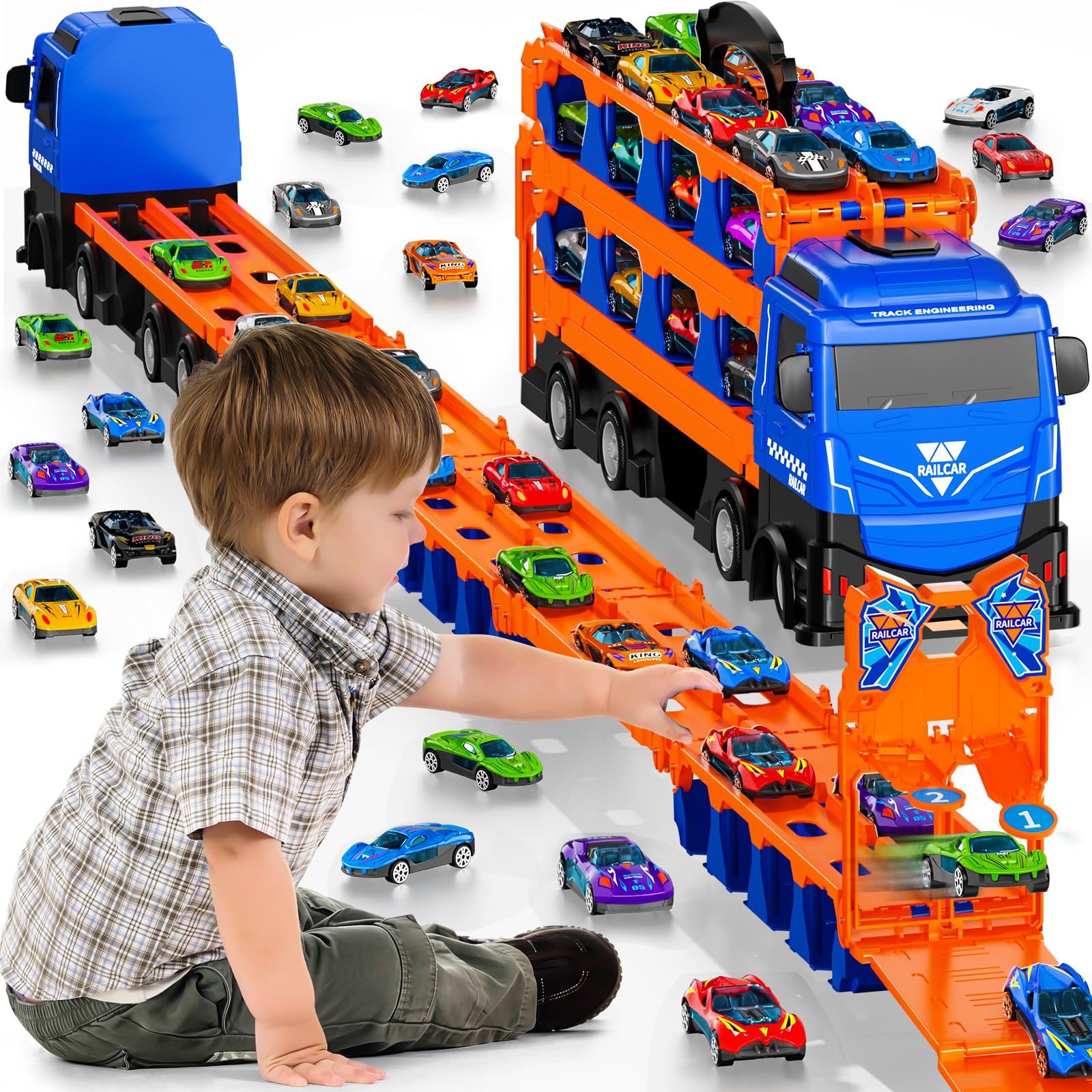 Ci Vetch 78-Zoll Autos LKW Spielzeug für Kleinkinder 1-7 Jahre, Transport-LKW Mit 24 Pcs Druckguss Autos, Geschenke für Jungen