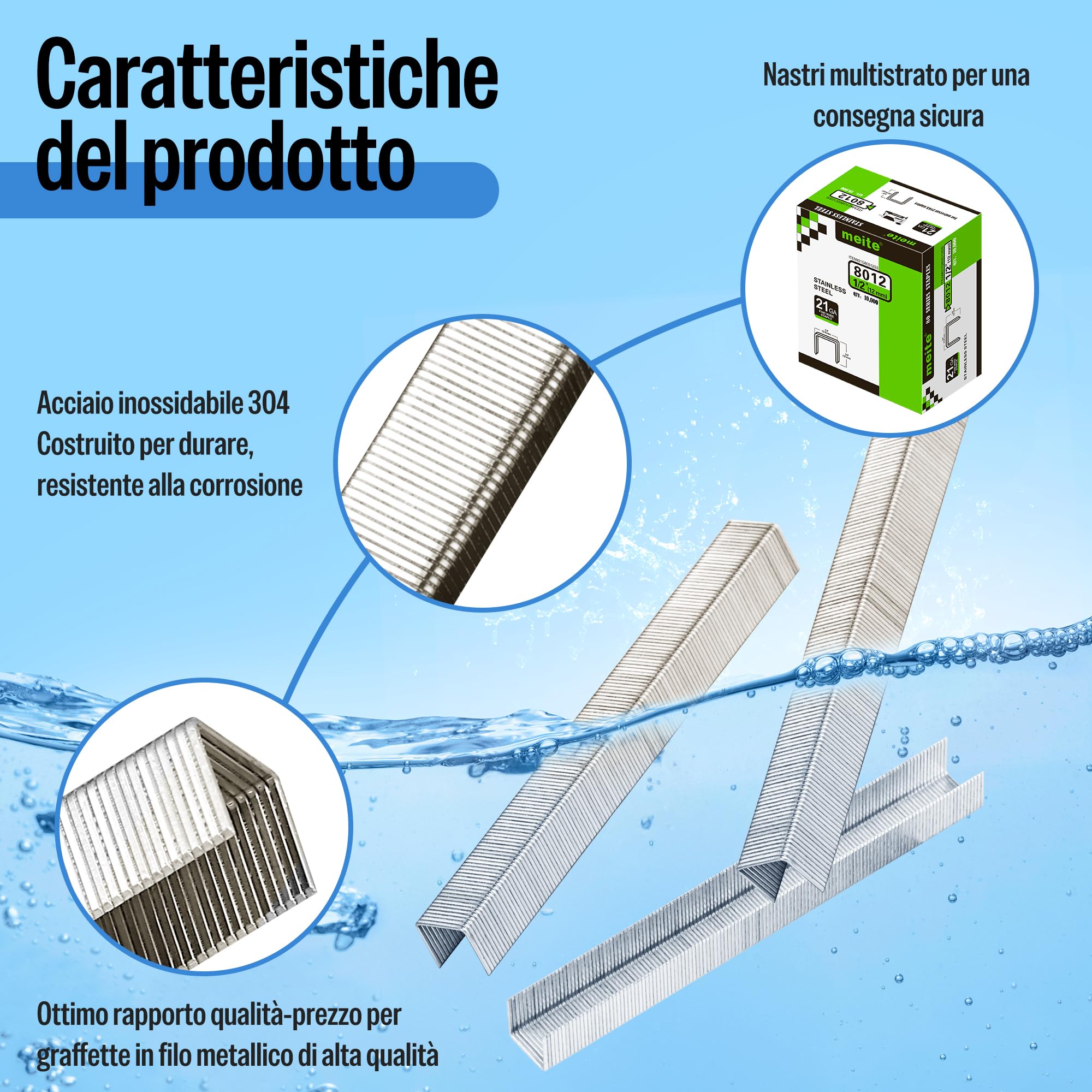 meite Graffette Type 80 da 12 mm in Acciaio Inox 304, Punti Serie 80 per Pinzatrice – Ideali per Tessuti, Moquette, Scatole in Legno, Cavi e Casette – 10.000 Pezzi