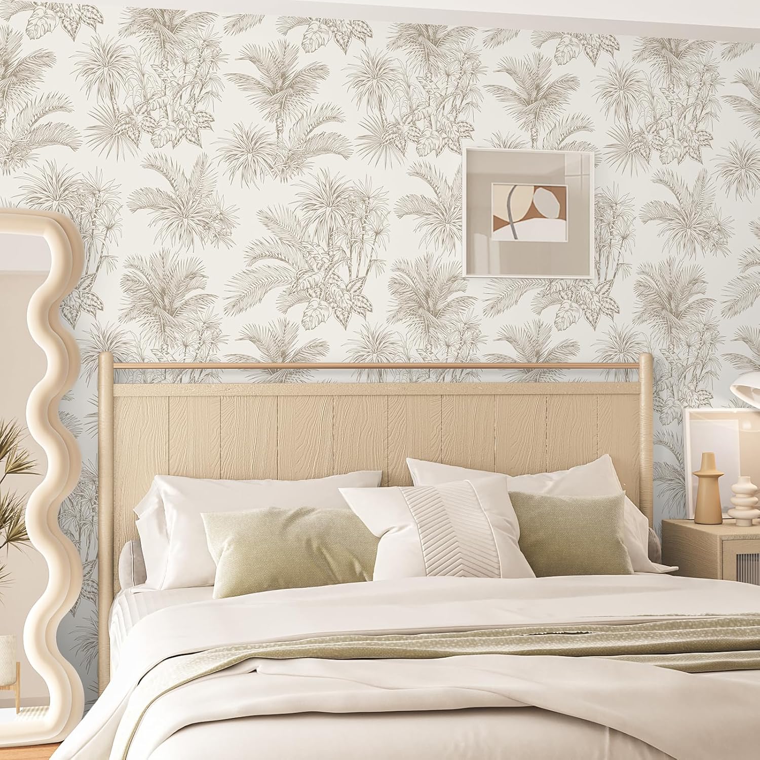 VEELIKE Beige Tropical Wallpaper Peel and Stick Boho Sketch Palm Leaf Wallpaper for Bedroom Bathroom 17.7''x118'' Removable Self Adhesive Tropical Wall Mural Contact Paper for Cabinets Shelves Walls