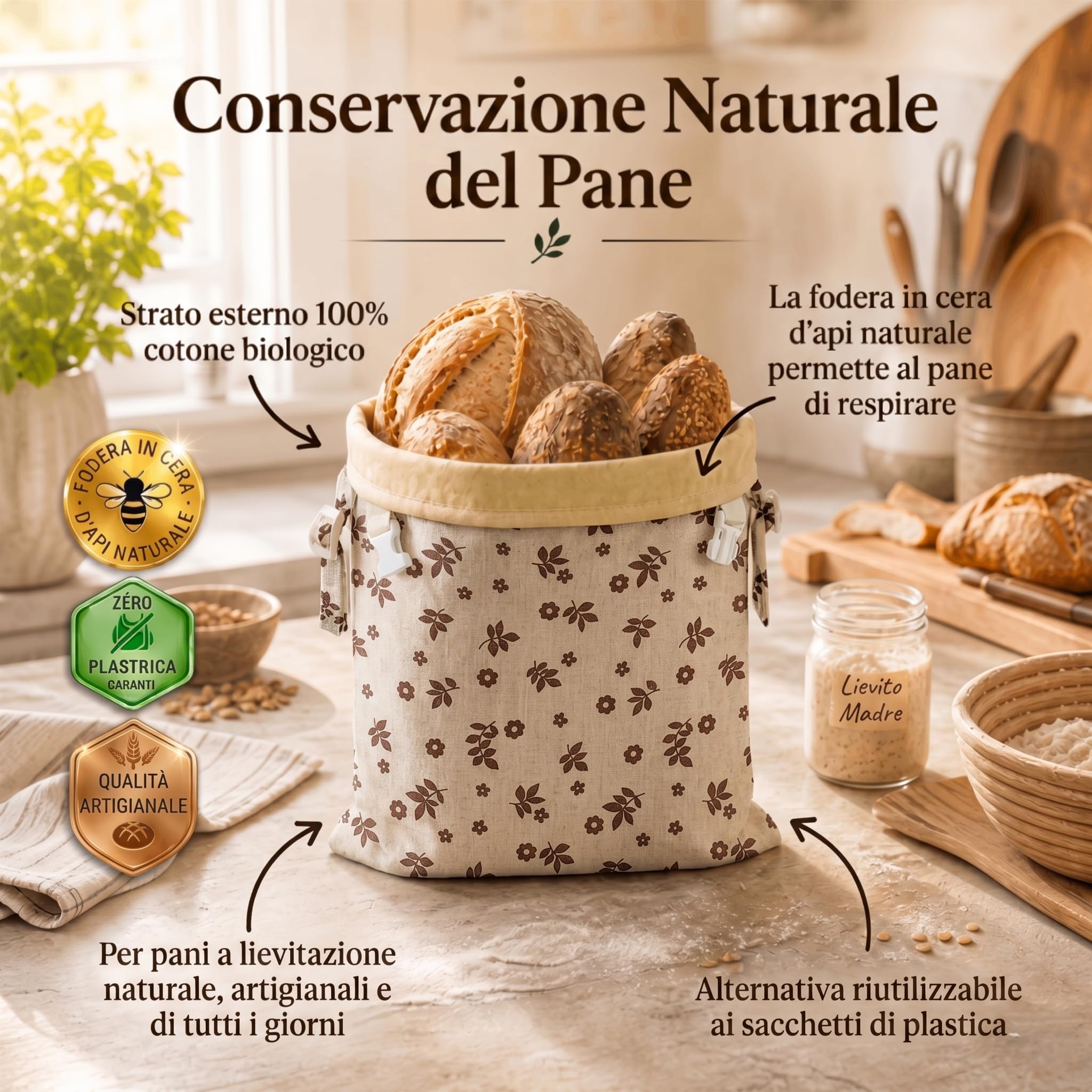 biorito sacchetti pane cera d'api, Sacchetti per il Pane in Cotone Biologico e Cera d’Api Naturale 43x33 cm 1 Pezzi Sacchetto Pane Riutilizzabile Traspirante per Pane Artigianale
