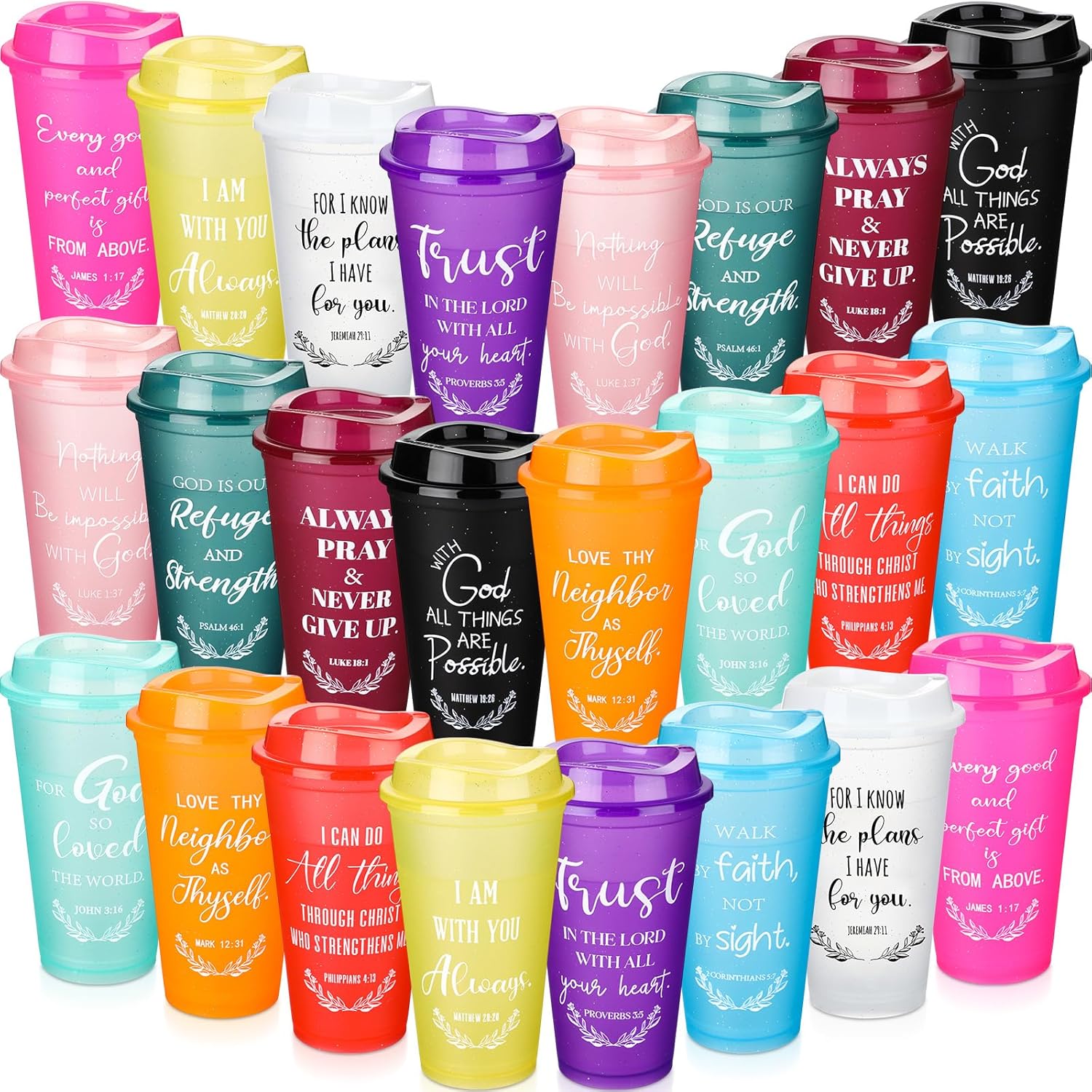 Skylety 72 Pcs Christian Christmas Tumblers Bulk Gifts for Women Men Plastic Coffee Cups Church Mugs with Lids and Straw Bible Verse 16 oz Religious Gifts Coworkers Employees Mugs (Multicolor)