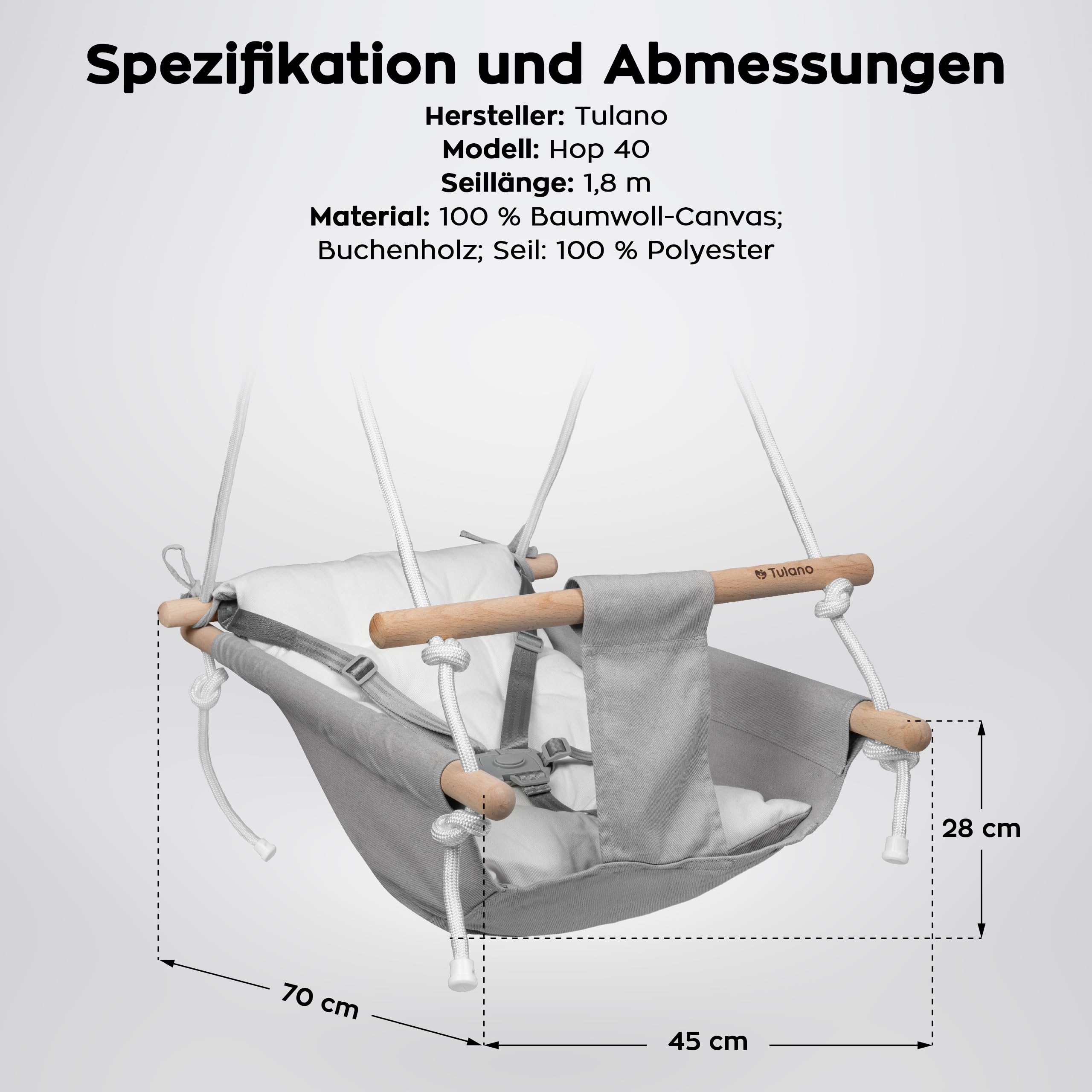 Tulano Hop 40 3in1 Babyschaukel – Mitwachsend durch Sitz - 6–36 Monate | und Liegefunktion - 5-Punkt Sicherheitsgurt - Wendekissen - Ideal für Zuhause und draußen - Belastbar bis 36 kg - Grau