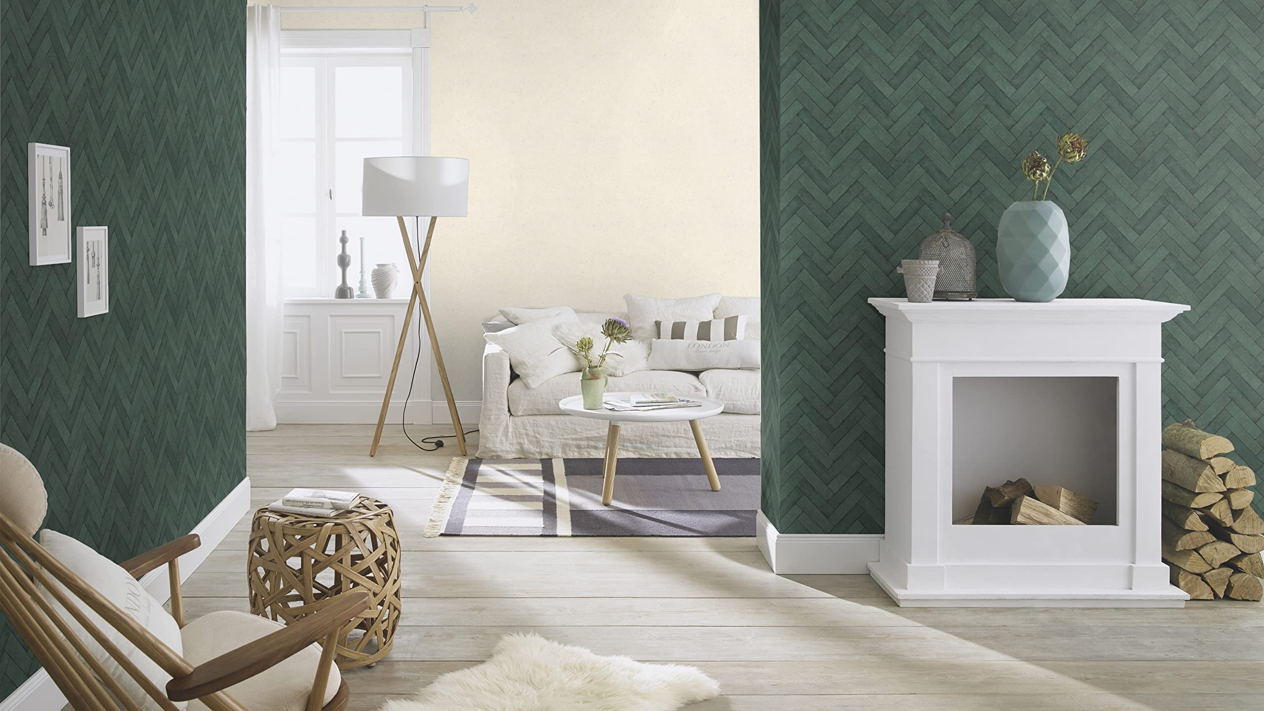 Rasch Factory V 499155 Papier peint intissé Vert pétrole avec motif chevrons et aspect pierre