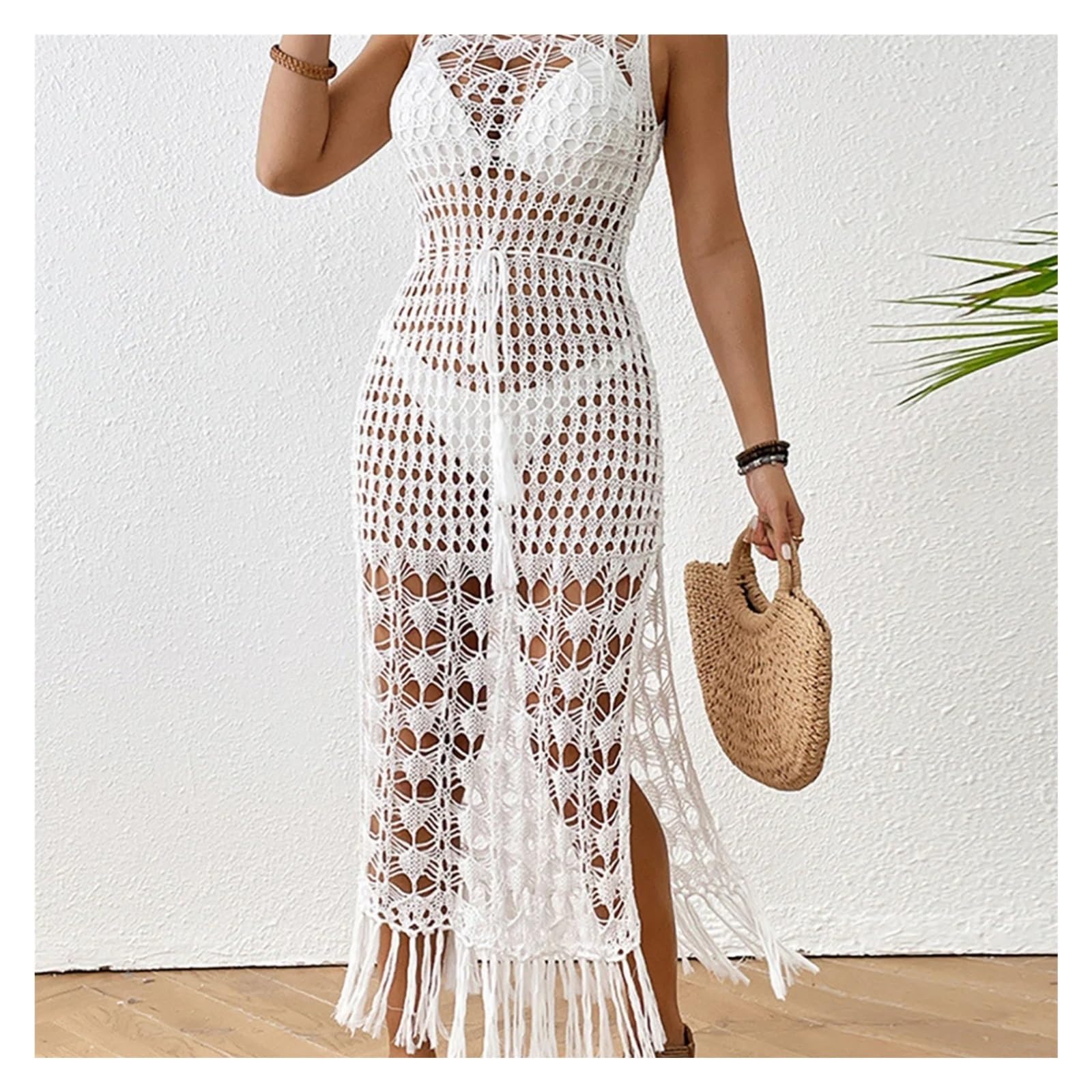 Robe de Plage en Crochet Frange Gland évider Crochet tricoté Tunique Plage Cache-ups Robe de vêtements Femme