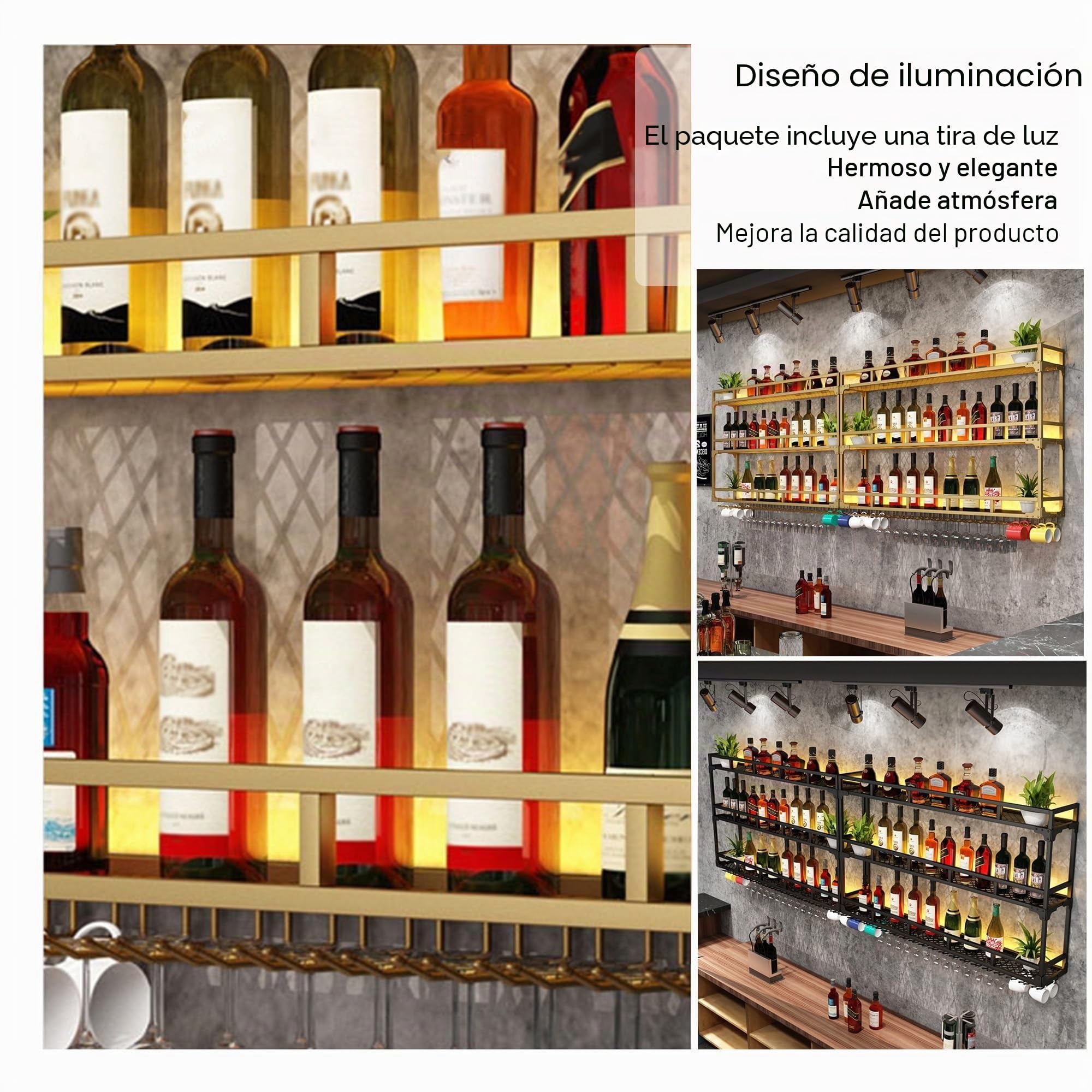 Botellero Vino Pared Garrafeira de Vino con Luz Wine Rack Mueble Botellero Barra Cocina Mini Bar Estanteria Cocina para Bar Comedor(Nero,100cm(39.37in))