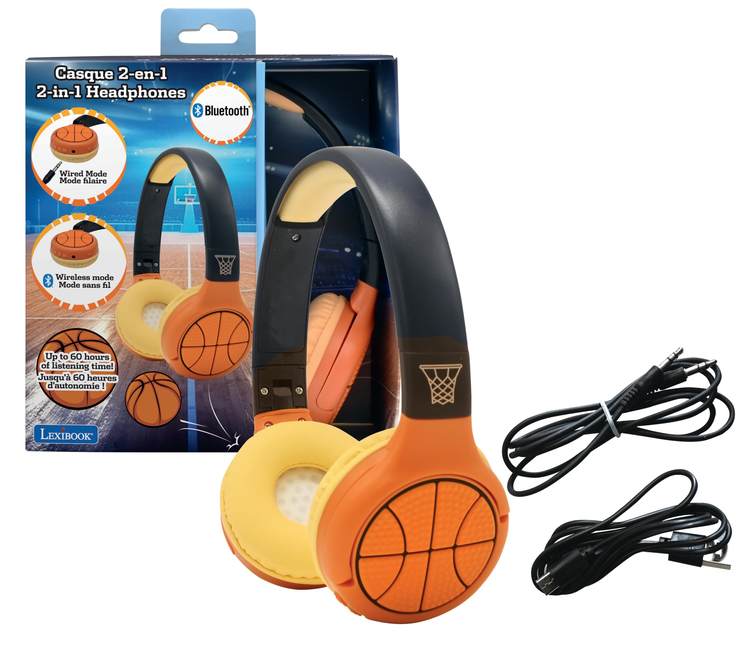 Lexibook, Basket, Cuffie Bluetooth e cablate 2 in 1 con microfono e pulsante di controllo, pieghevoli e regolabili, batteria ricaricabile a lunga durata, arancione, HPBT010BA