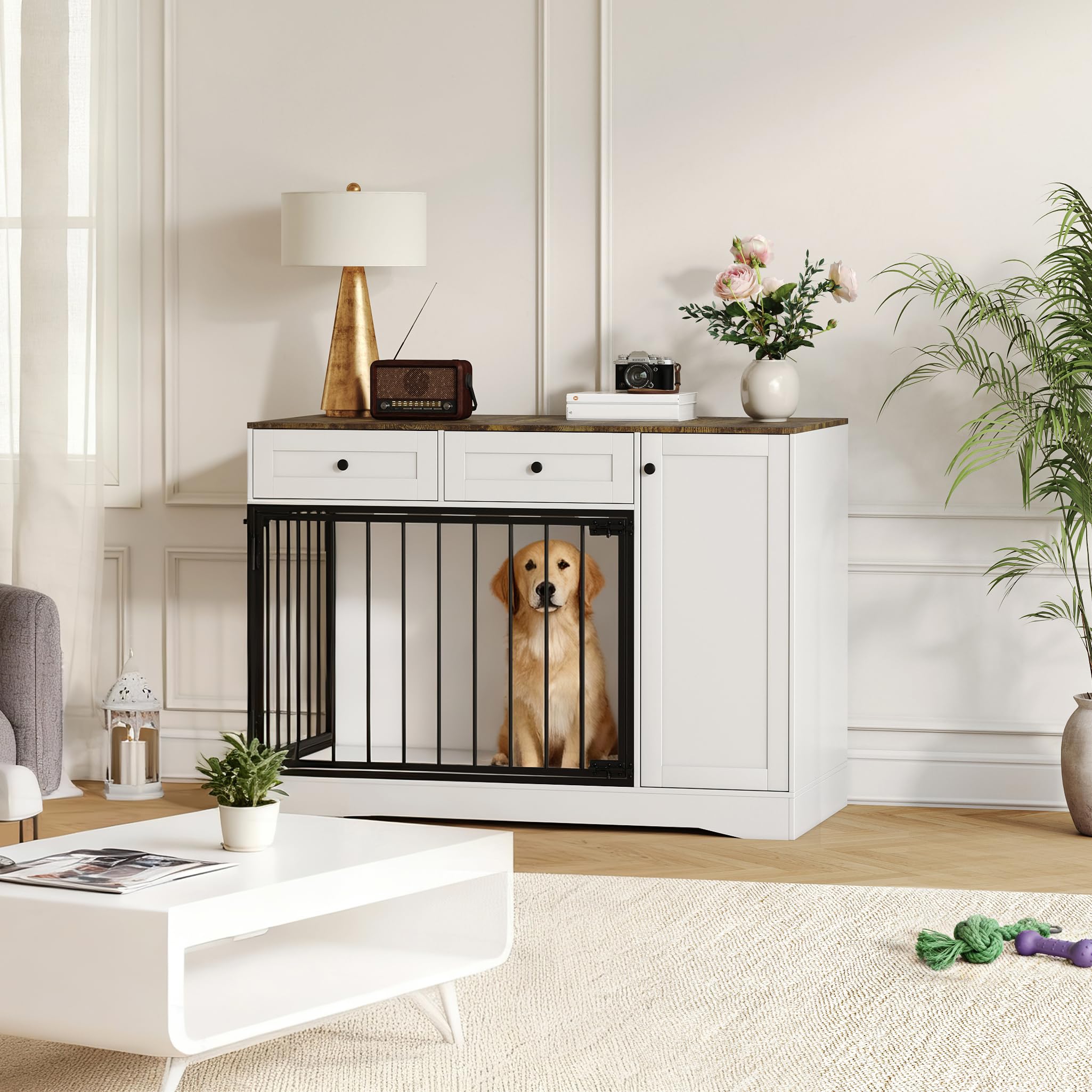 Hundekäfig Möbel, Hundebox 120 x 60 x 86cm für Zuhause mit 2 Türen, 2 Schubladen & Stauraum, Moderne Hundebox Holz, Beistelltisch, für Kleine und Mittelgroße Hunde, Hundekäfig Indoor, Weiß
