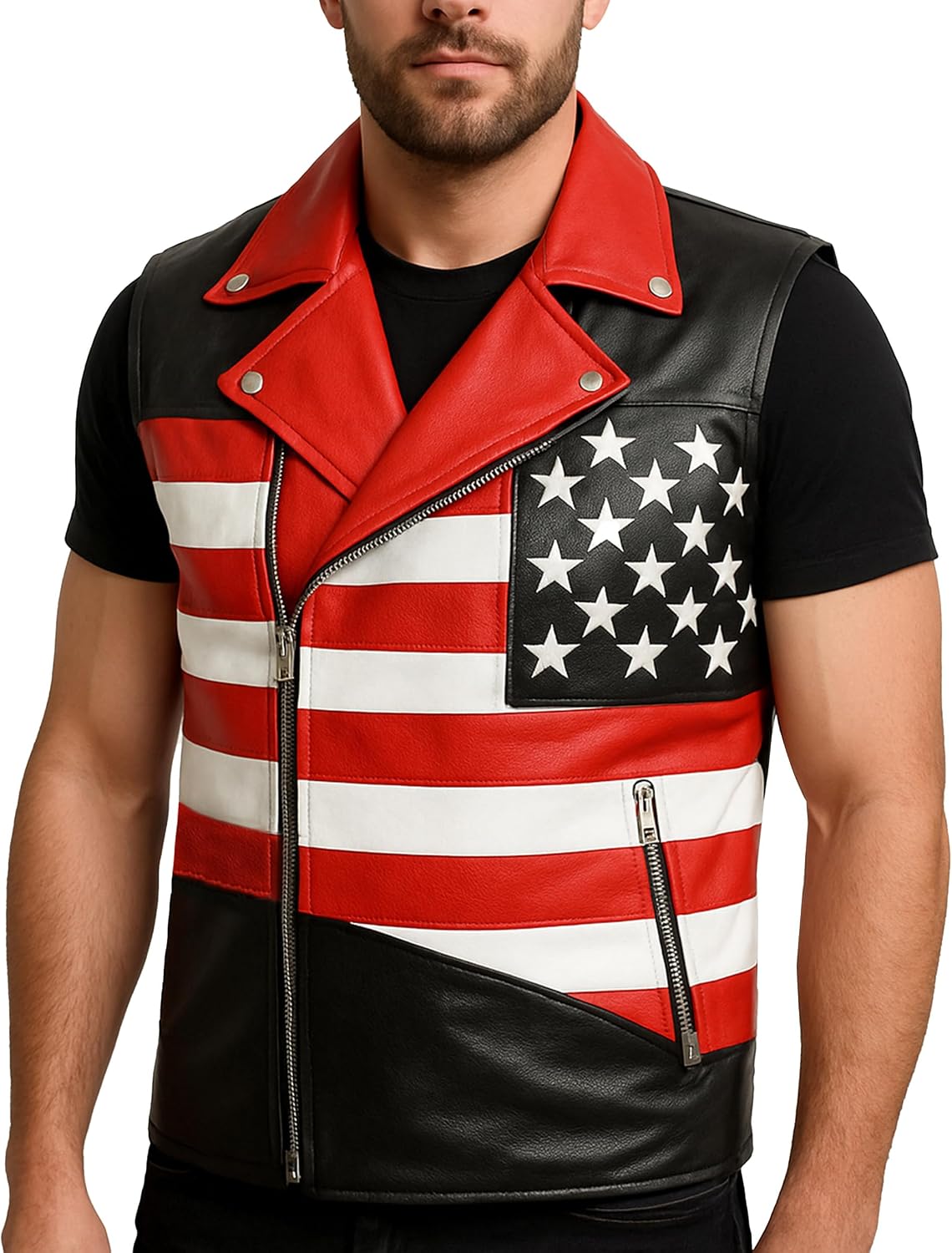 SpazeUp Men's USA American Flag Brando Leather Jacket | Brando 80s Biker Style Motorcycle Leather Jackets for Men