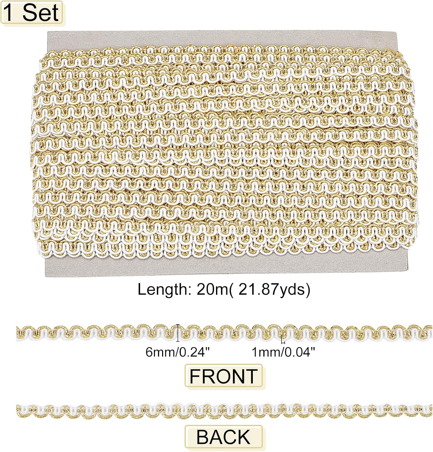 PH PandaHall 21 Yards Lace Trim, 6mm Gimp Braid Scroll Braid Trim Golden & White Polyester Ribbon Fabric Trim Lace Ribbon for Pillow Slipcover Sewing Crafting Costume Jewelry DIY Crafts Home Decor