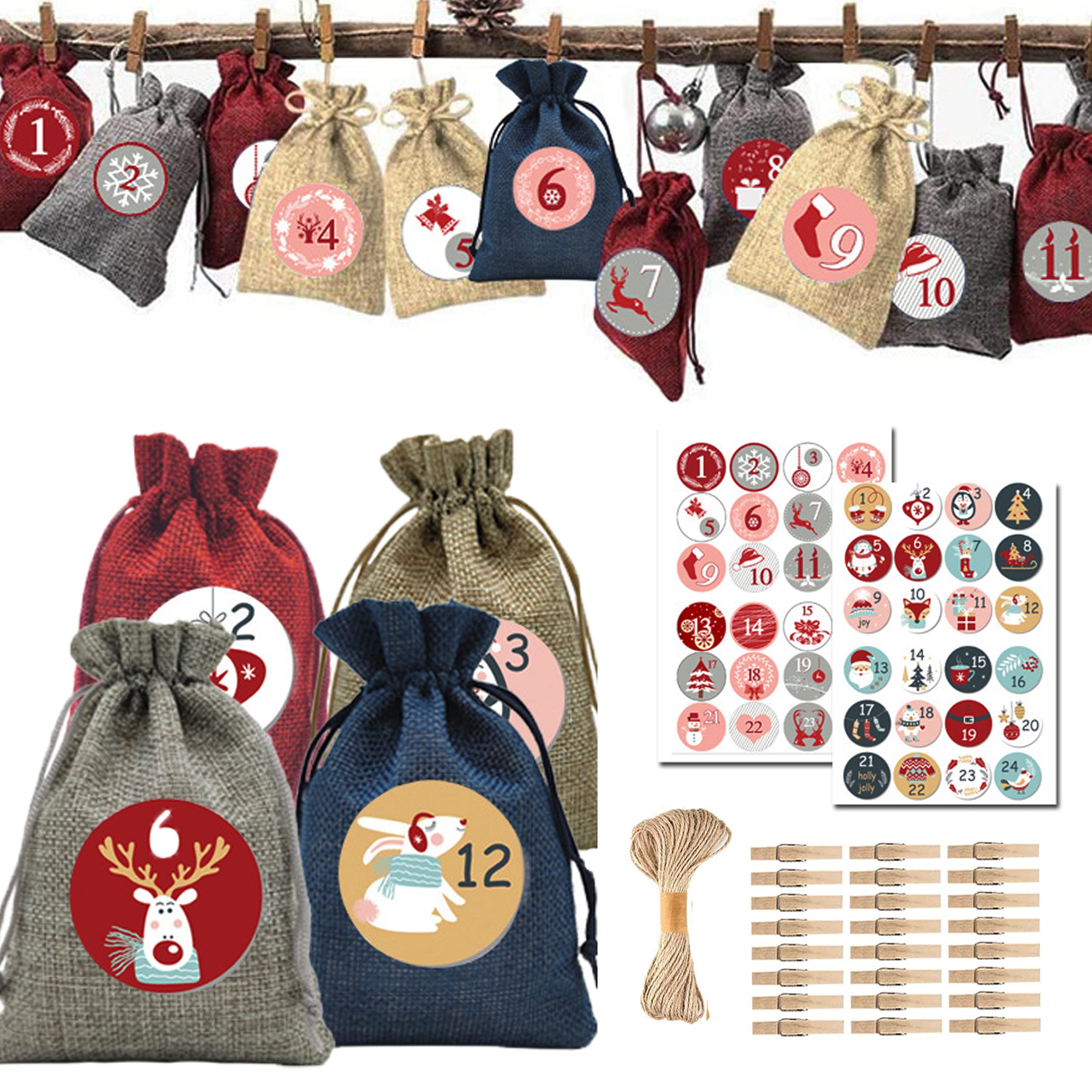 Calendrier De L'Avent à Remplir 24 Sacs En Jute - 10x14 Cm - 3 Couleurs Et 48 Numéros Inclus