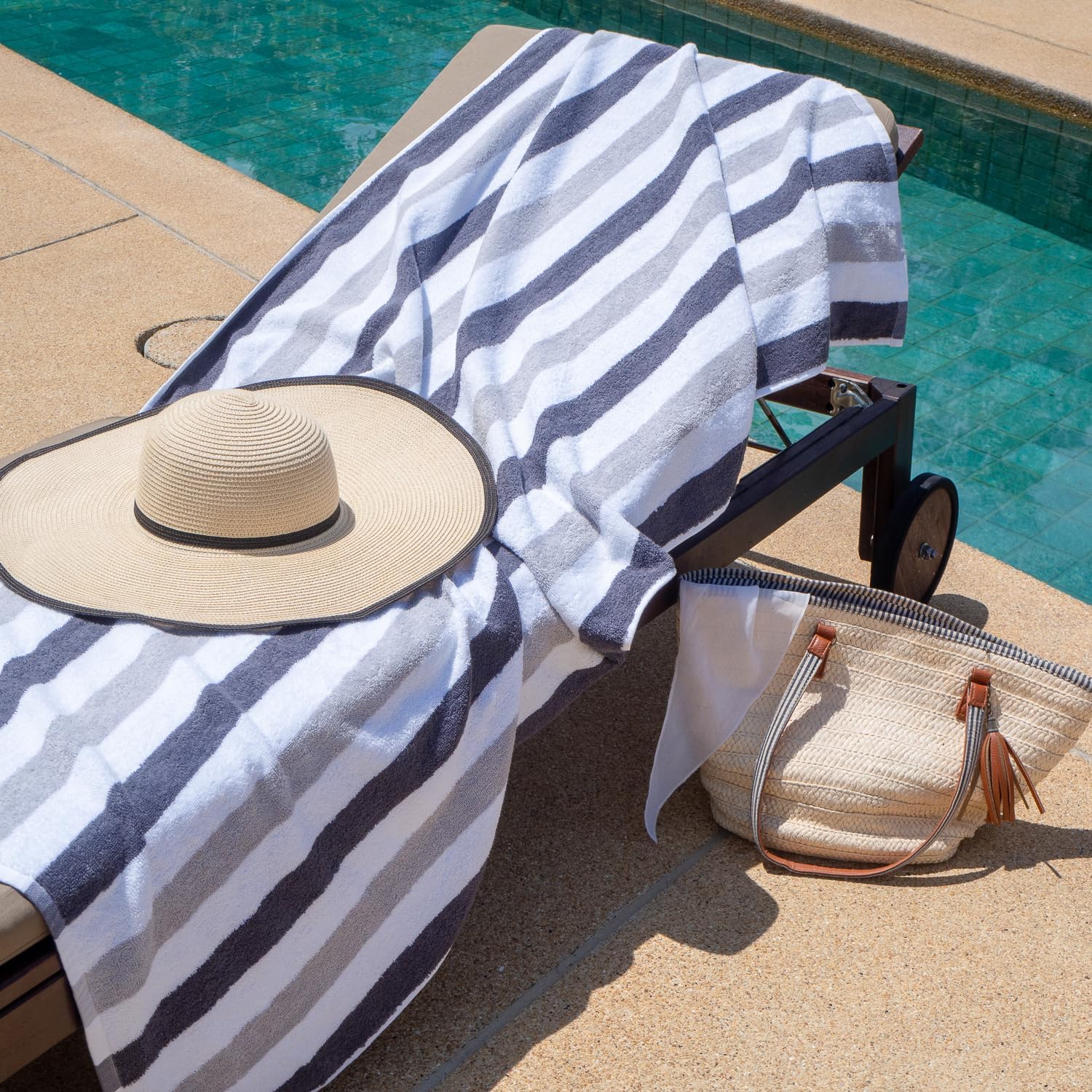 Arkwright Cabo Cabana Stripe Beach Towel - Pack of 4 - Large Soft Quick Dry Cotton Terry Towels for Pool, Swim, and Hot Tub, Oversized 30 x 70 in, Charcoal/Silver