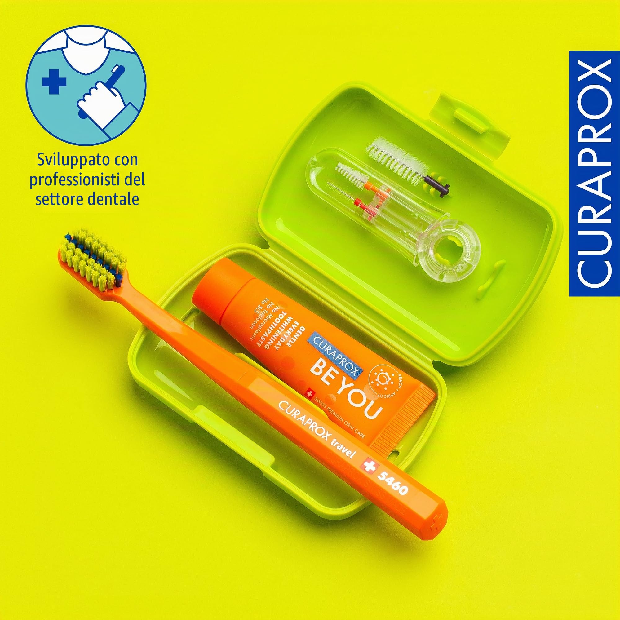 Curaprox Ortho Travel Set-Igiene orale per bretelle/Spazzolino ultra-morbido e scovolini/Set verde/Made in Switzerland