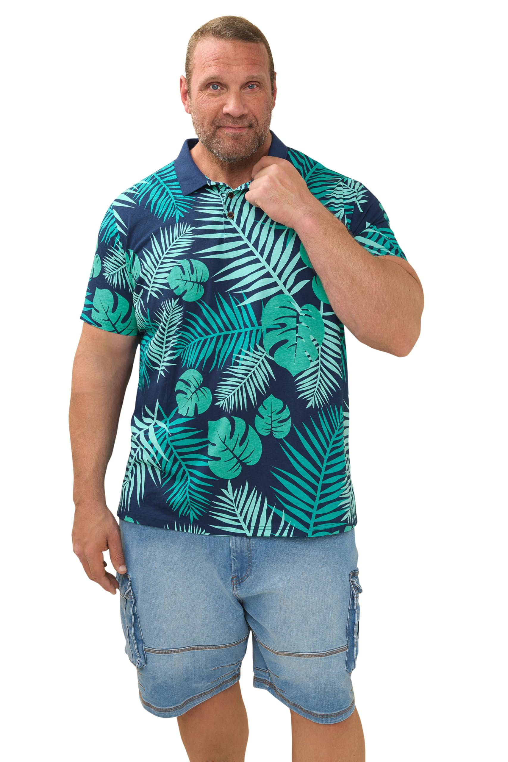 BadRhino Big & Tall Blue Leaf Print Polo Shirt - Men's - Plus Size Curve