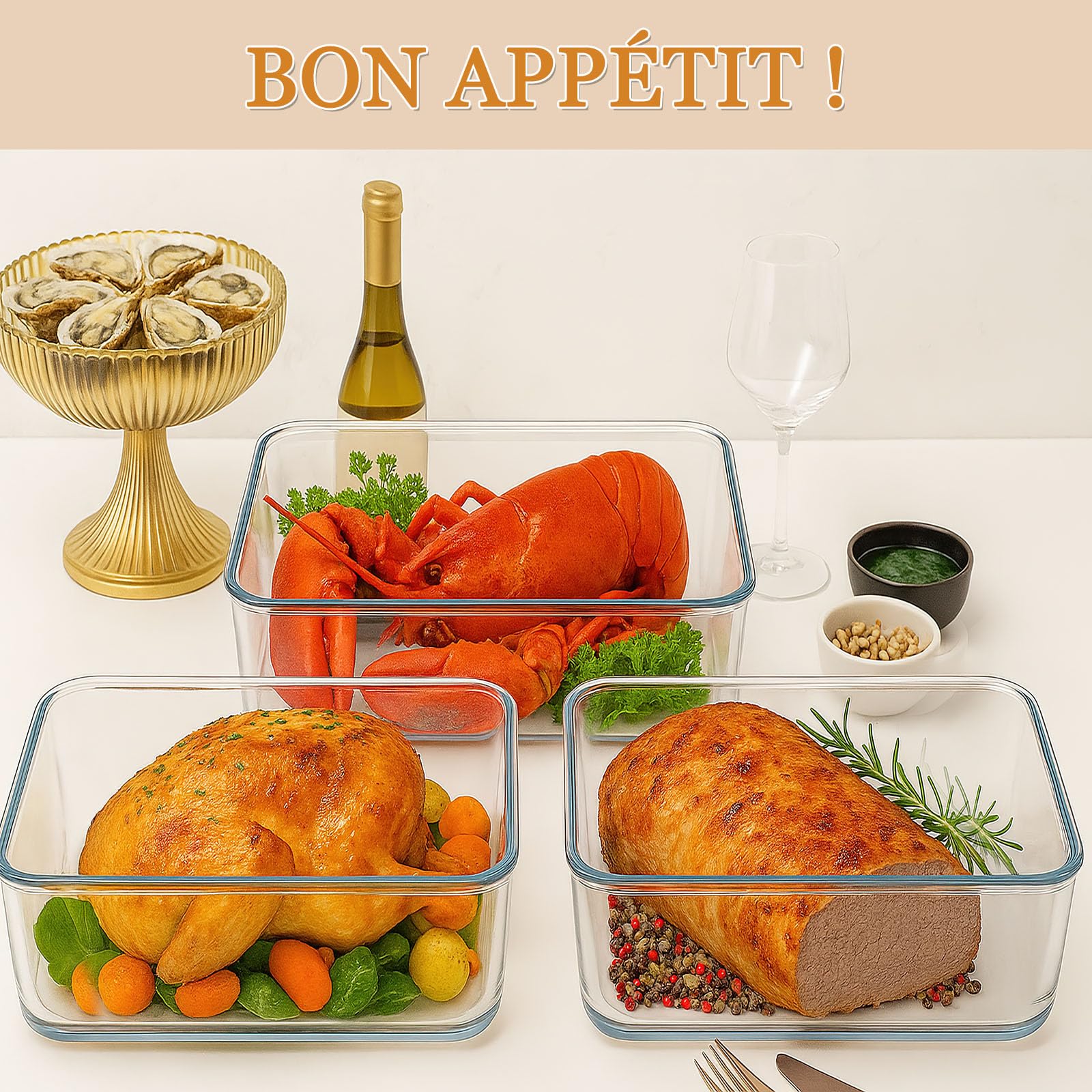 Boîte de Conservation en Verre 6 L avec Couvercle Hermétique | Grand Récipient Alimentaire Rectangulaire pour Four et Congélateur, Meal Prep, Poulet Rôti et Plats Familiaux