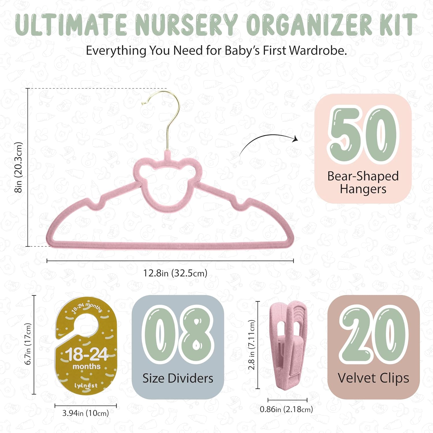 Velvet Baby Hangers with Clips – Organize Baby Clothes by Age with Size Dividers – Save Closet Space for Newborn to Toddler Outfits – Perfect Nursery Must-Have (Petal) Petal With Gold Hook