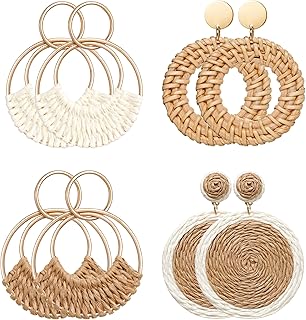 Raffia Hoop Earrings for Women Fun Boho Summer Beach Earrings Lightweight Handmade Straw Wicker Rattan Dangle Earrings Statement Geometric Round Drop Earrings