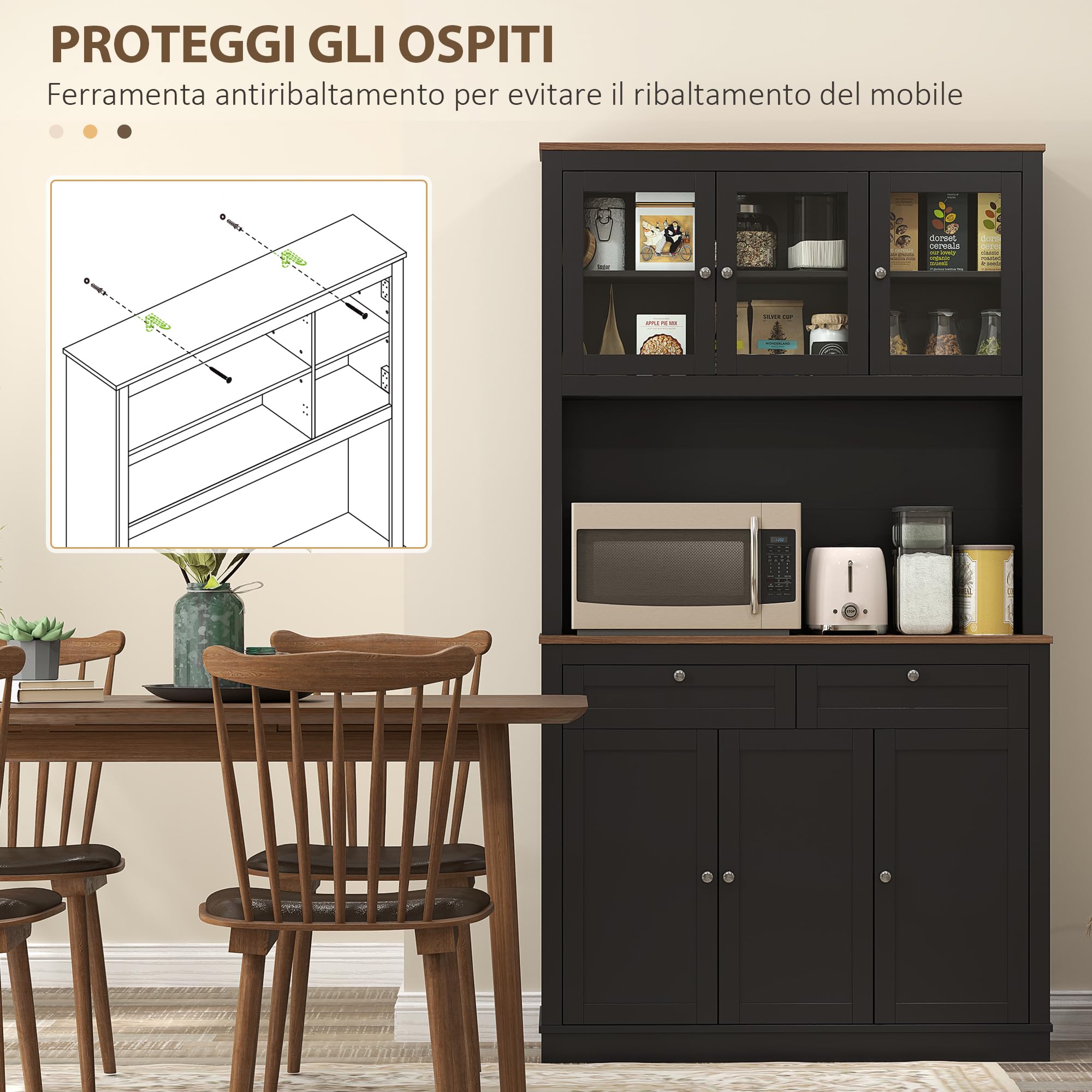 HOMCOM Credenza Cucina Alta 2 Cassetti Portamicroonde 100x40x180cm Nero | Con Armadietti, Mobile Dispensa Stretto, Ante in Vetro, Ripiani Regolabili, Soggiorno Sala da Pranzo