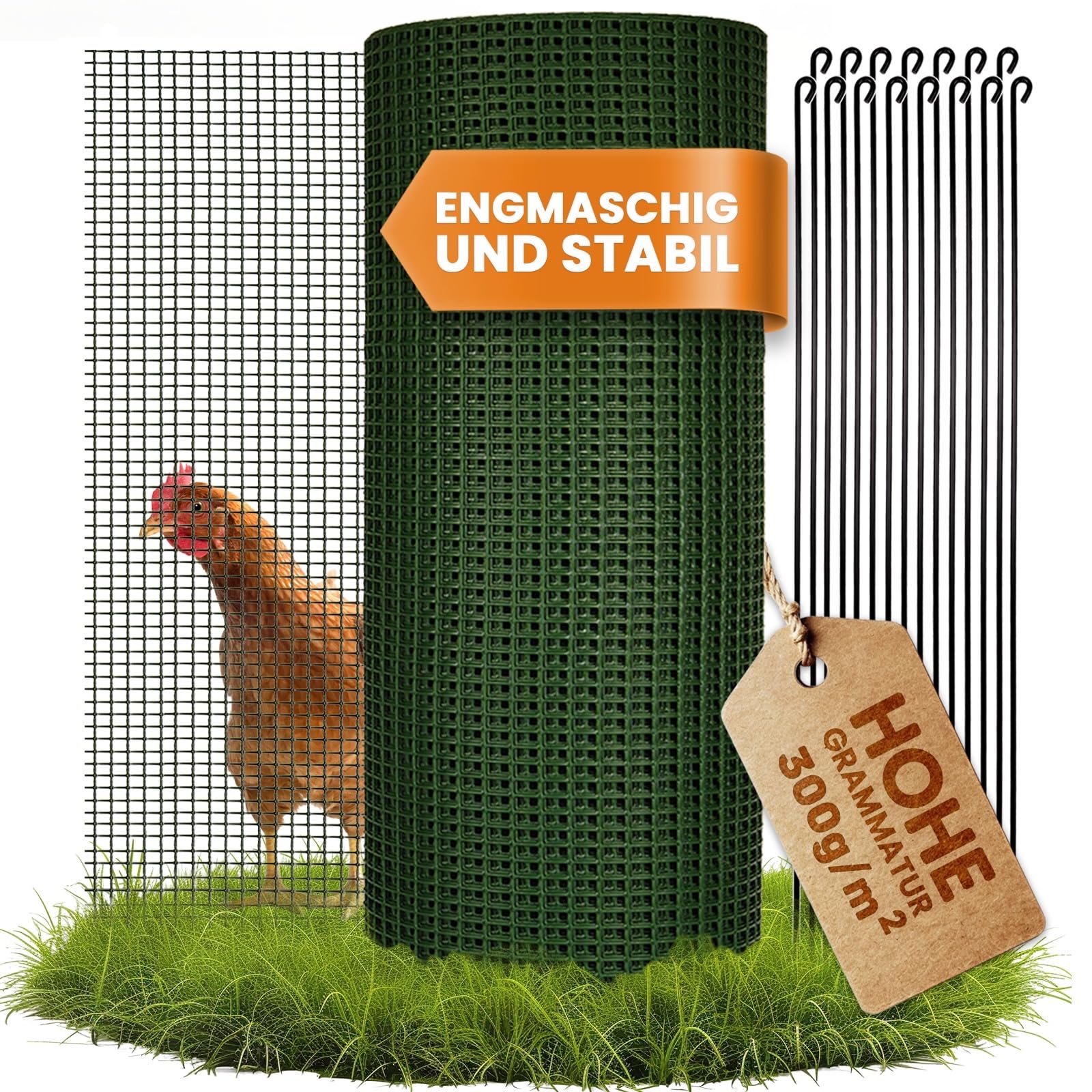 Hühnerzaun 25m lang | 90cm hoch | Freilaufgehege Hühner mit 15 Befestigungsstäben | Mobiler Zaun für Kleintiere | Engmaschiger Geflügelzaun
