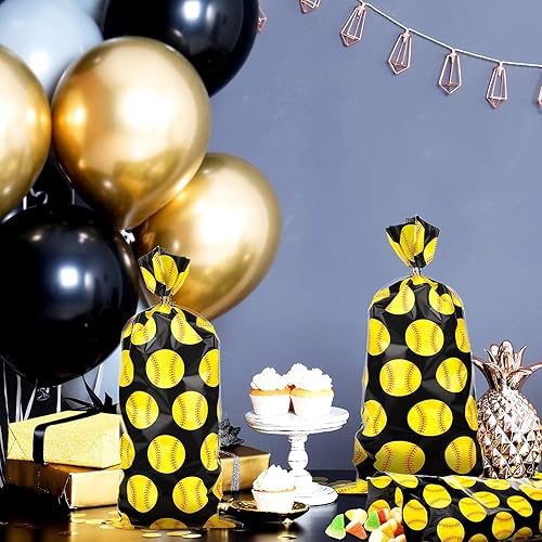 Miniatura 7 de Outus 100 bolsas de plástico de celofán de sóftbol con lazos, bolsas de regalo de golosinas para cumpleaños, deportes, bolas doradas, juegos,