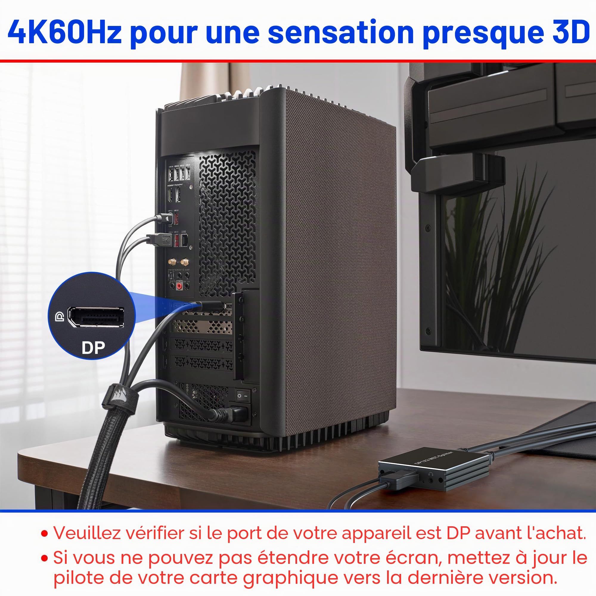Adaptateur DisplayPort vers HDMI Dual - Répartiteur DP pour écrans doubles 4K @60 Hz avec écran étendu MST 1 en 2 sorties Hub pour PC, carte graphique et plus