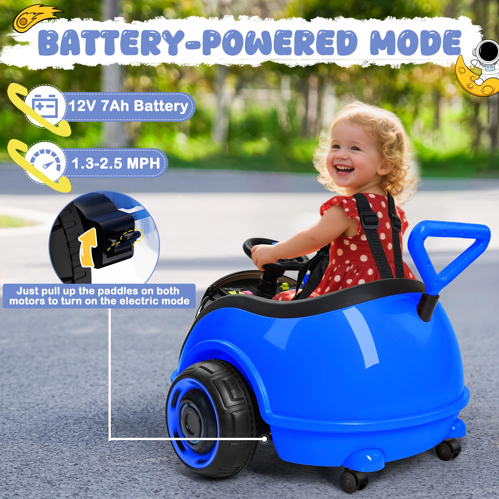 ANPABO 3-in-1 Electric Push Ride On Car, 12V Kids Ride On Toy w/Remote Control, 360° Spin, 5-Point Safety Belt, Colorful LED Light, Music Player, Push Car for Toddler Ages 1-3 (Blue) — view 3
