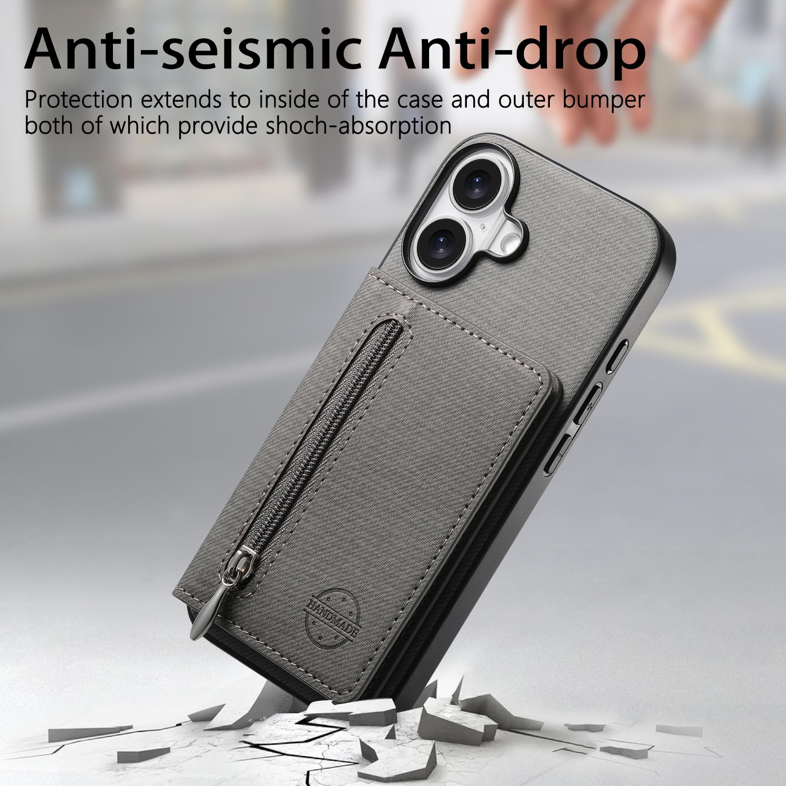 Smukłe etui do iPhone 16 Pro Max/16 Pro/16 Plus/16, skórzane etui z przegródkami na karty, blokada RFID, etui z klapką, podpórka, etui na telefon komórkowy, styl biznesowy, szary, 16 Pro Max